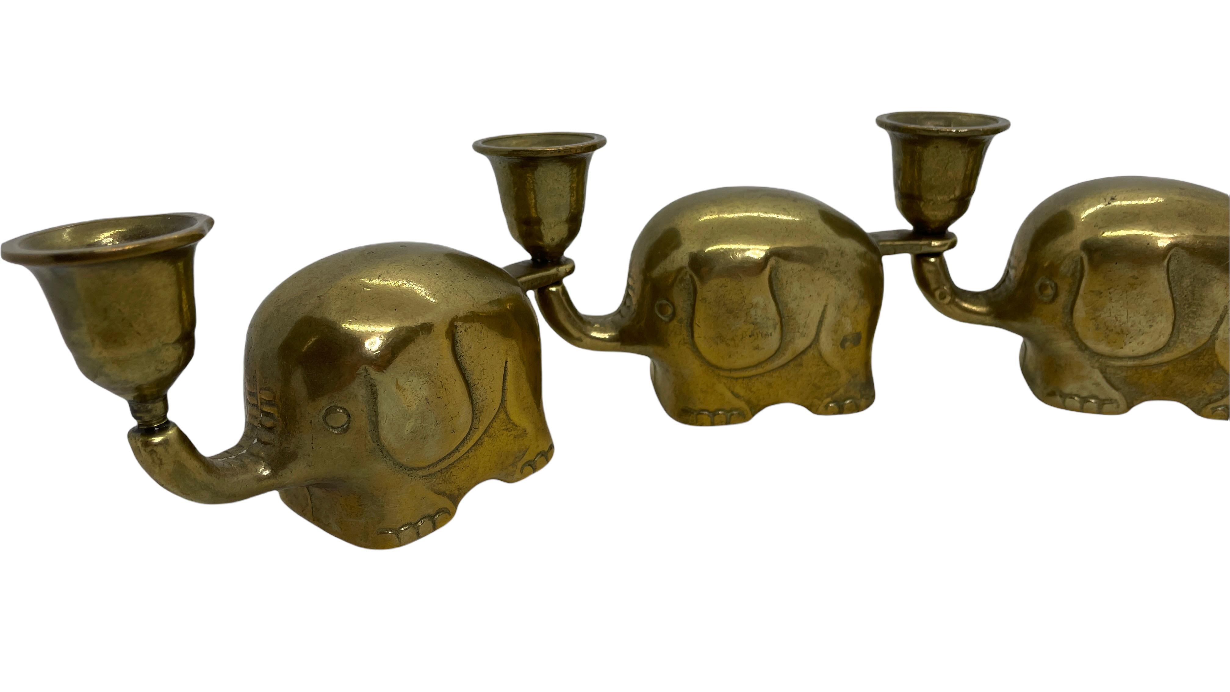 German Very Rare Set of Four Art Deco Brass Candlesticks Candleholders Elephant Herd For Sale