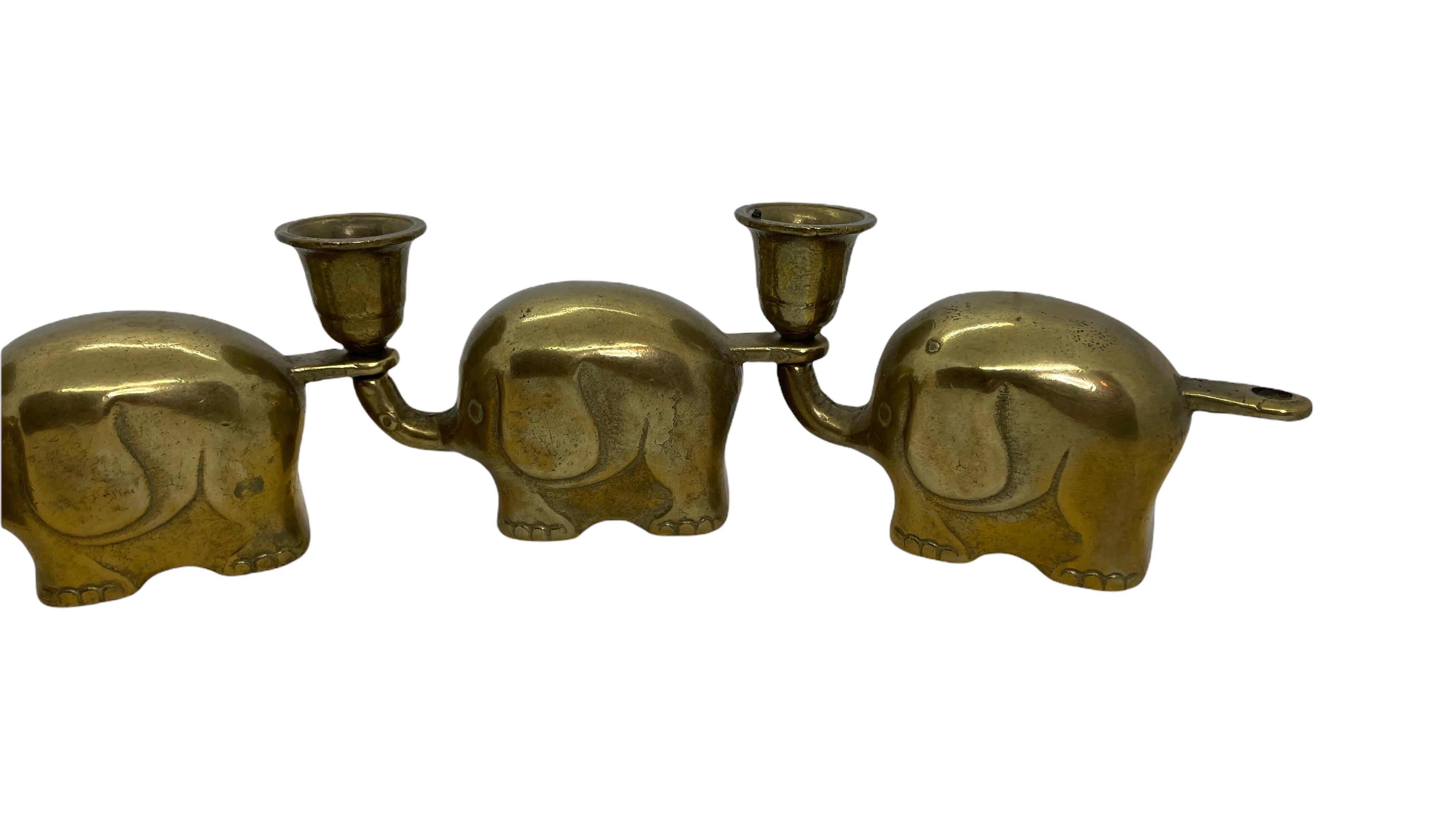 Very Rare Set of Four Art Deco Brass Candlesticks Candleholders Elephant Herd In Good Condition For Sale In Nuernberg, DE