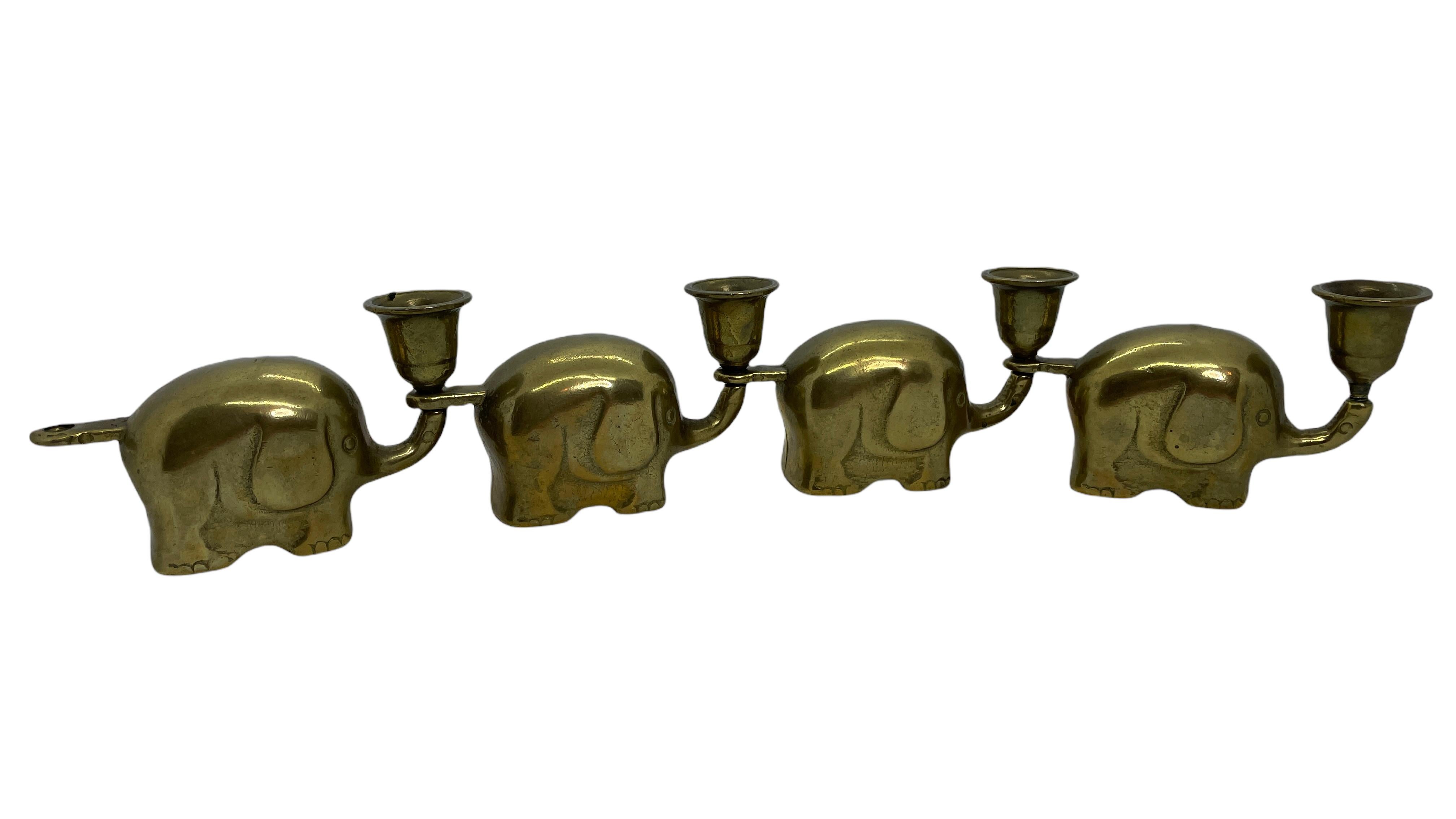 Mid-20th Century Very Rare Set of Four Art Deco Brass Candlesticks Candleholders Elephant Herd For Sale