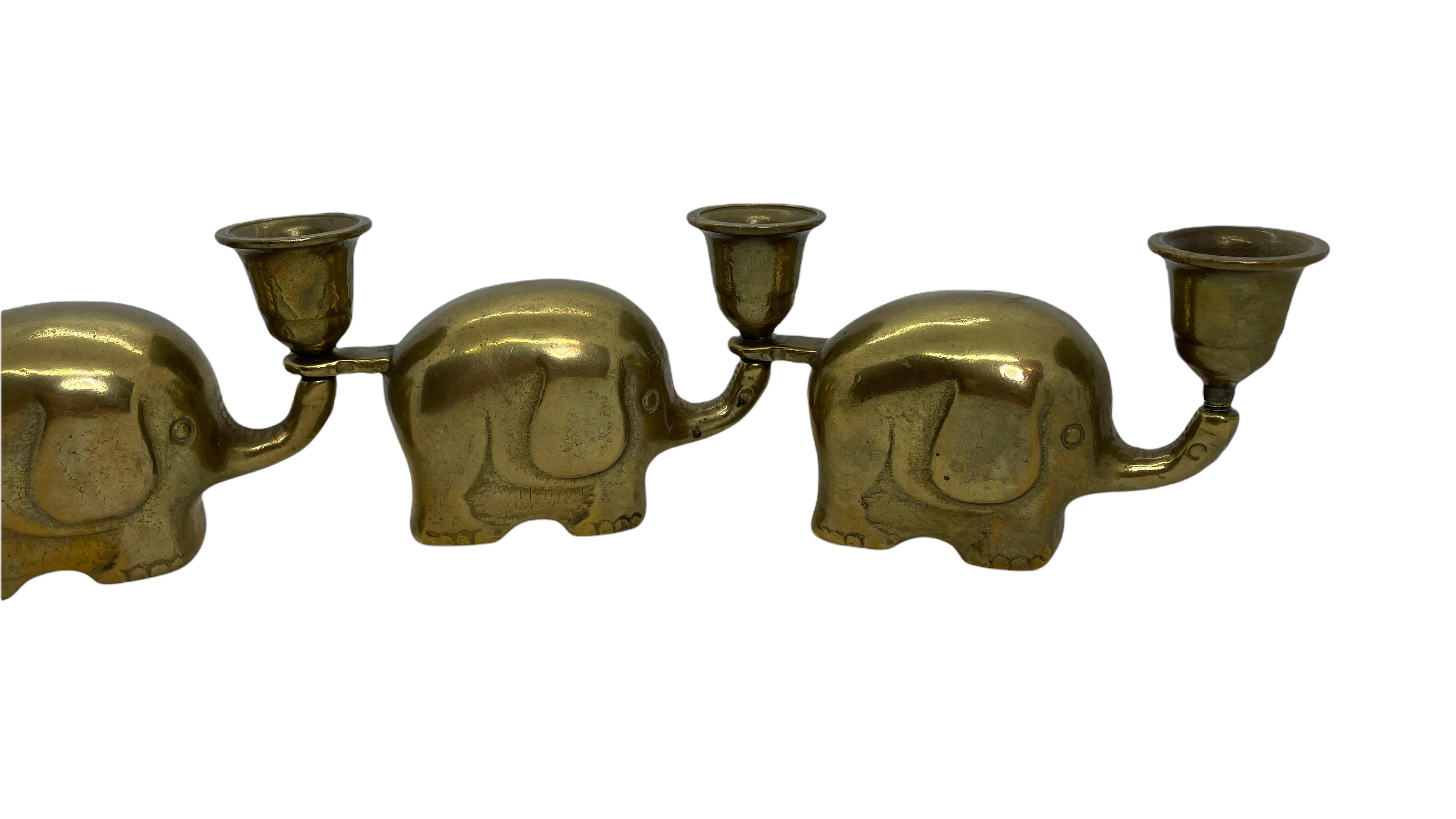 Very Rare Set of Four Art Deco Brass Candlesticks Candleholders Elephant Herd For Sale 1