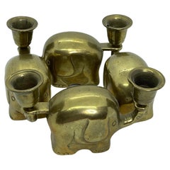 Very Rare Set of Four Art Deco Brass Candlesticks Candleholders Elephant Herd