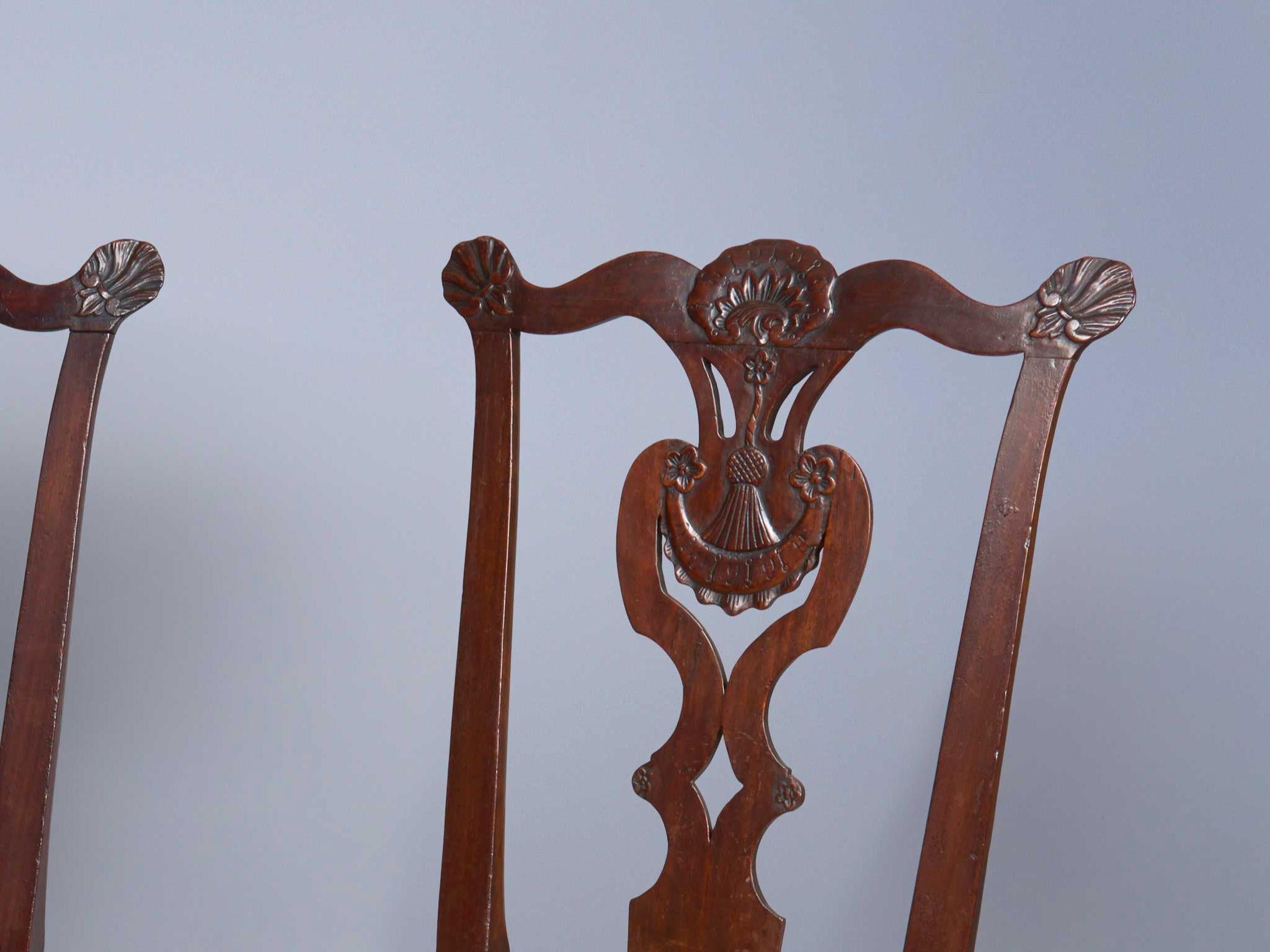 American Chippendale Very Rare Set of Four Highly Carved Mahogany Side Chairs For Sale