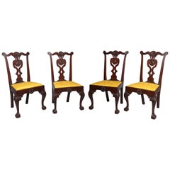 Antique Chippendale Very Rare Set of Four Highly Carved Mahogany Side Chairs