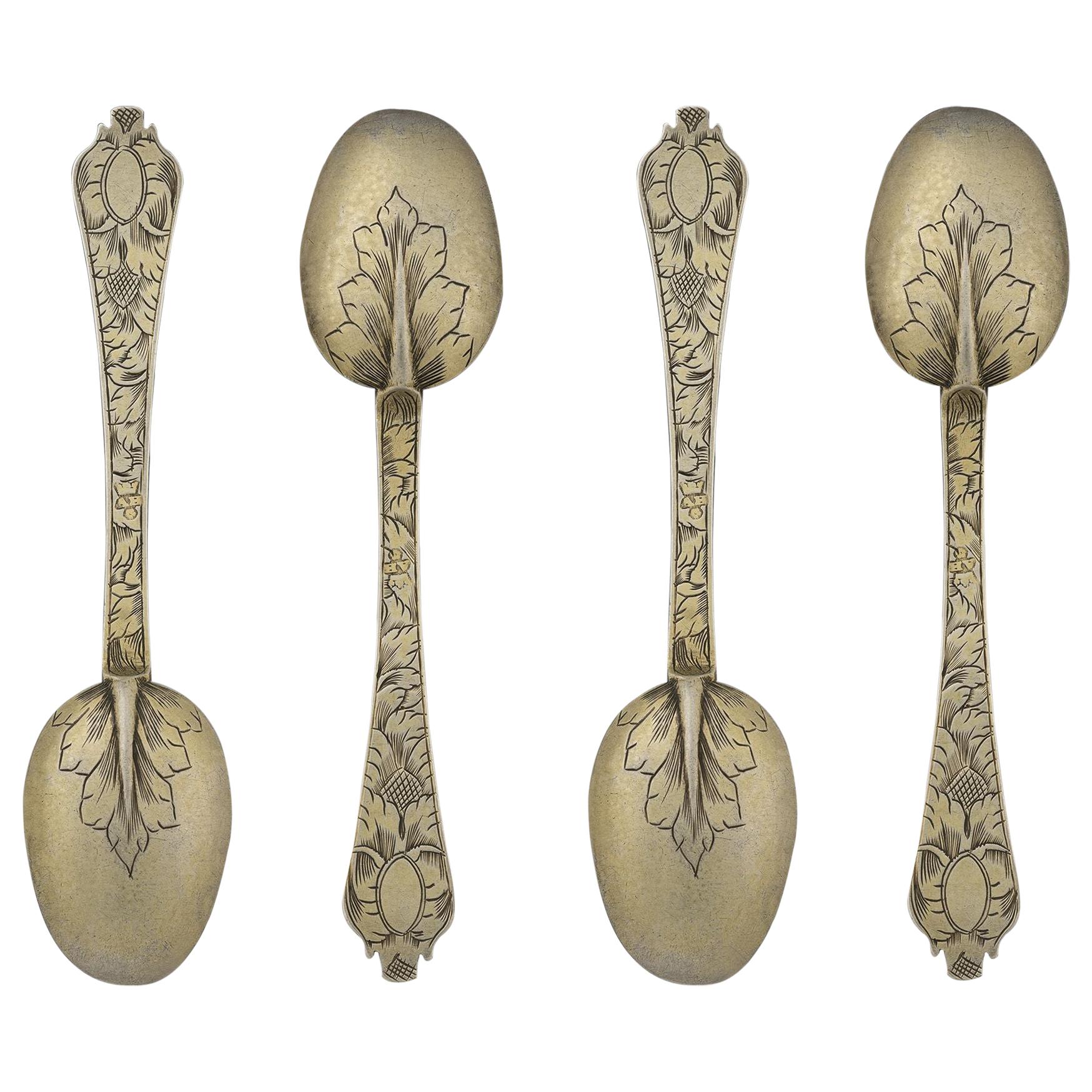 Very Rare Set of Four Trefid Teaspoons, London, circa 1690, Maker AH