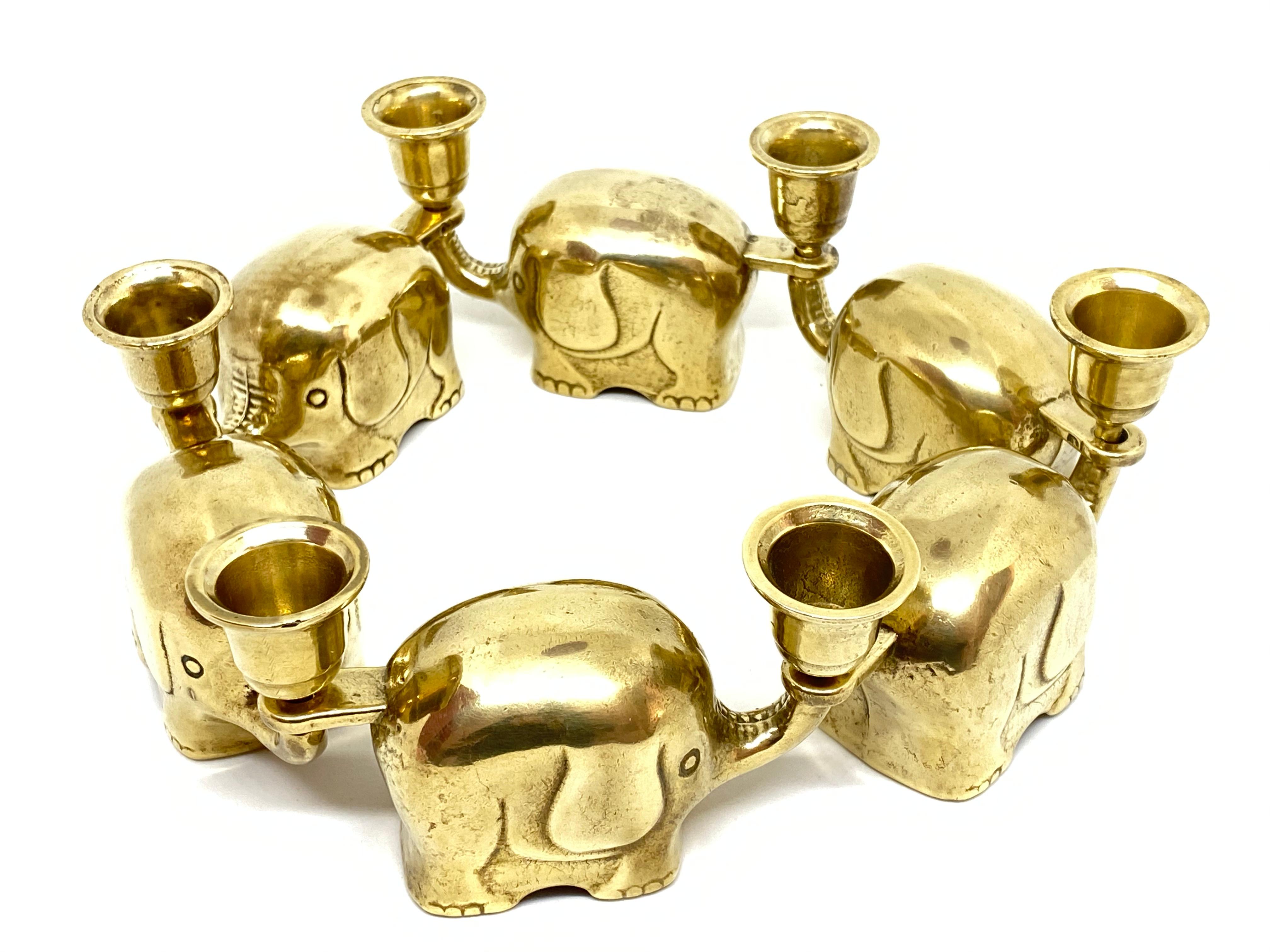 Very Rare Set of Six Art Deco Brass Candlesticks Candleholders Elephant Herd 3