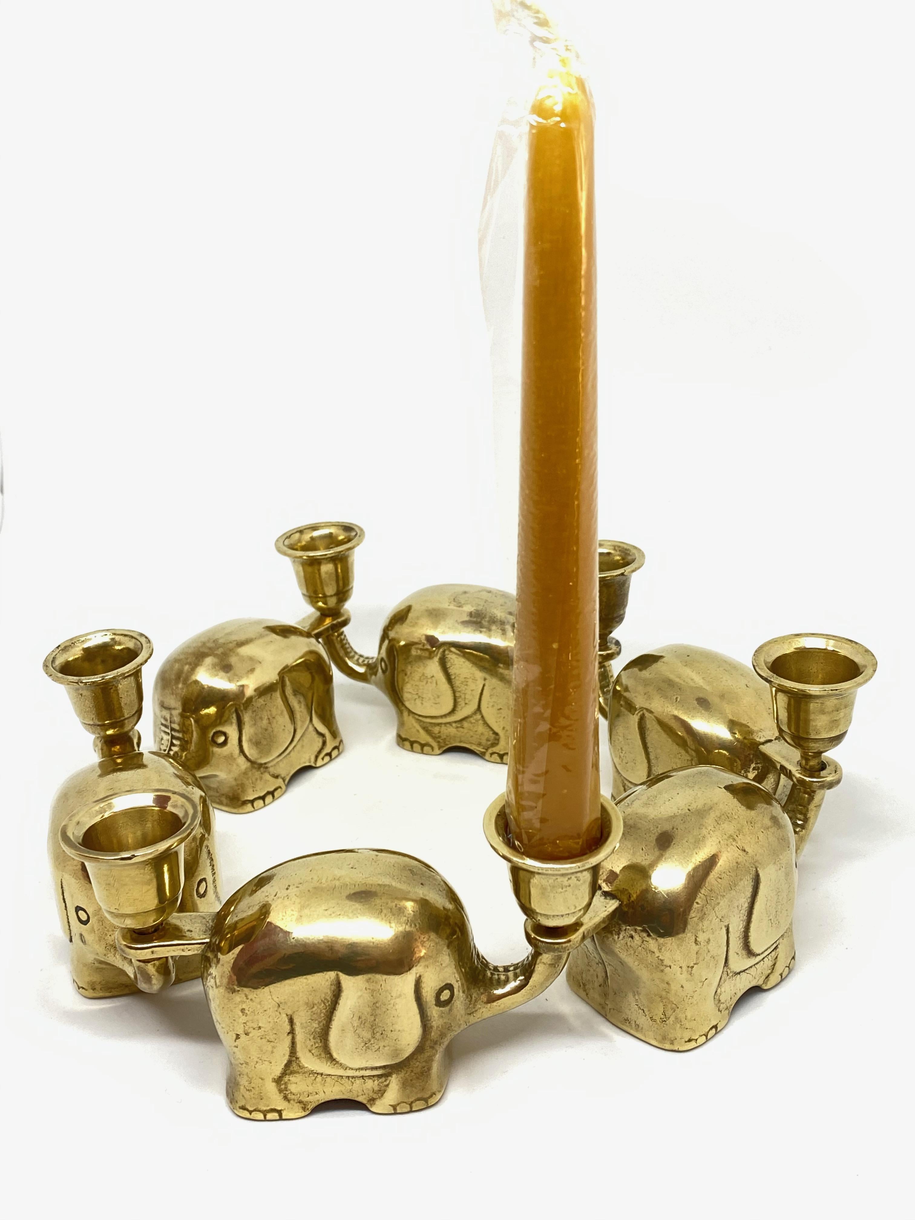 Very Rare Set of Six Art Deco Brass Candlesticks Candleholders Elephant Herd 4