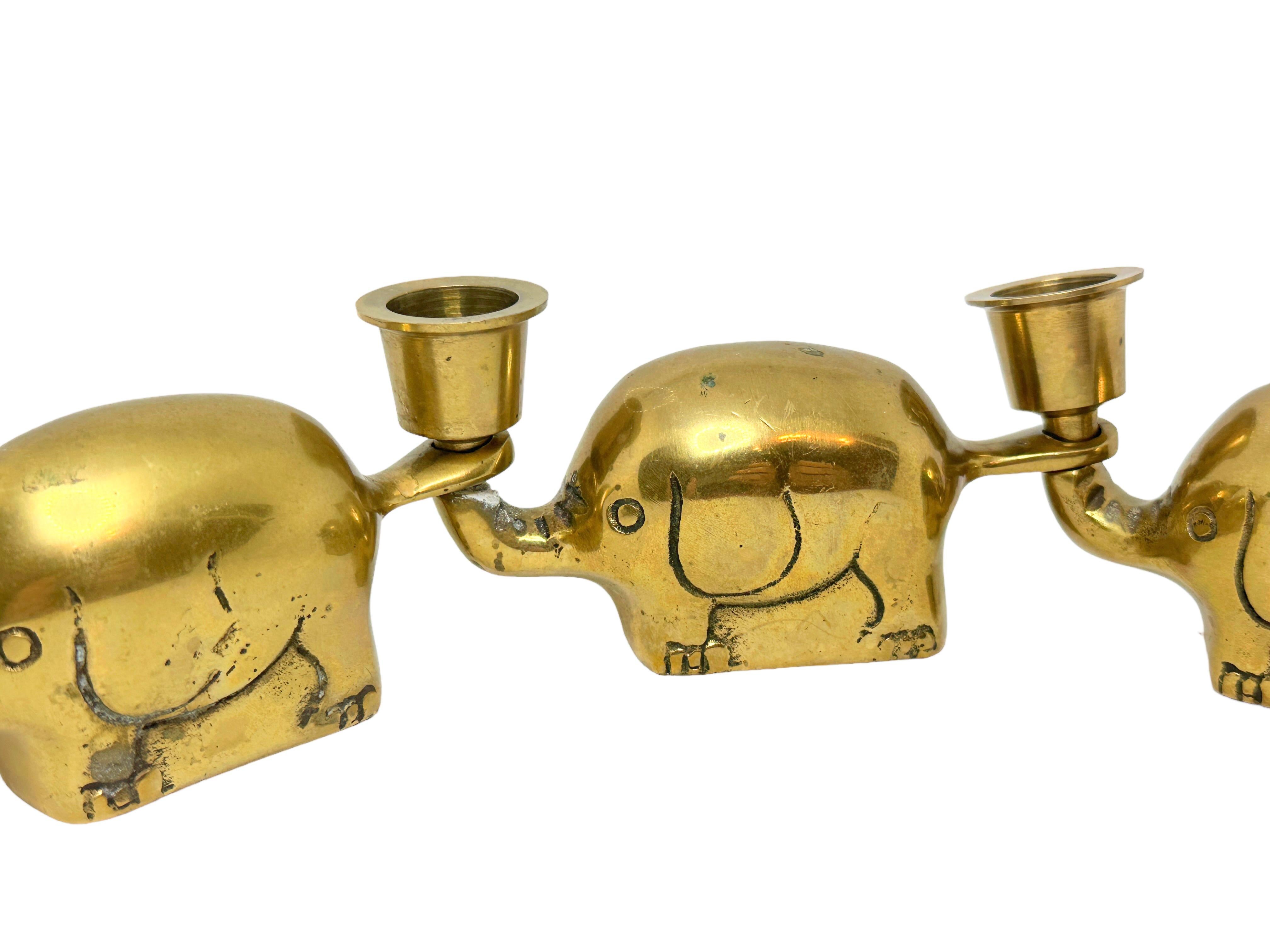 German Very Rare Set of Three Art Deco Brass Candlesticks Candleholders Elephant Herd For Sale