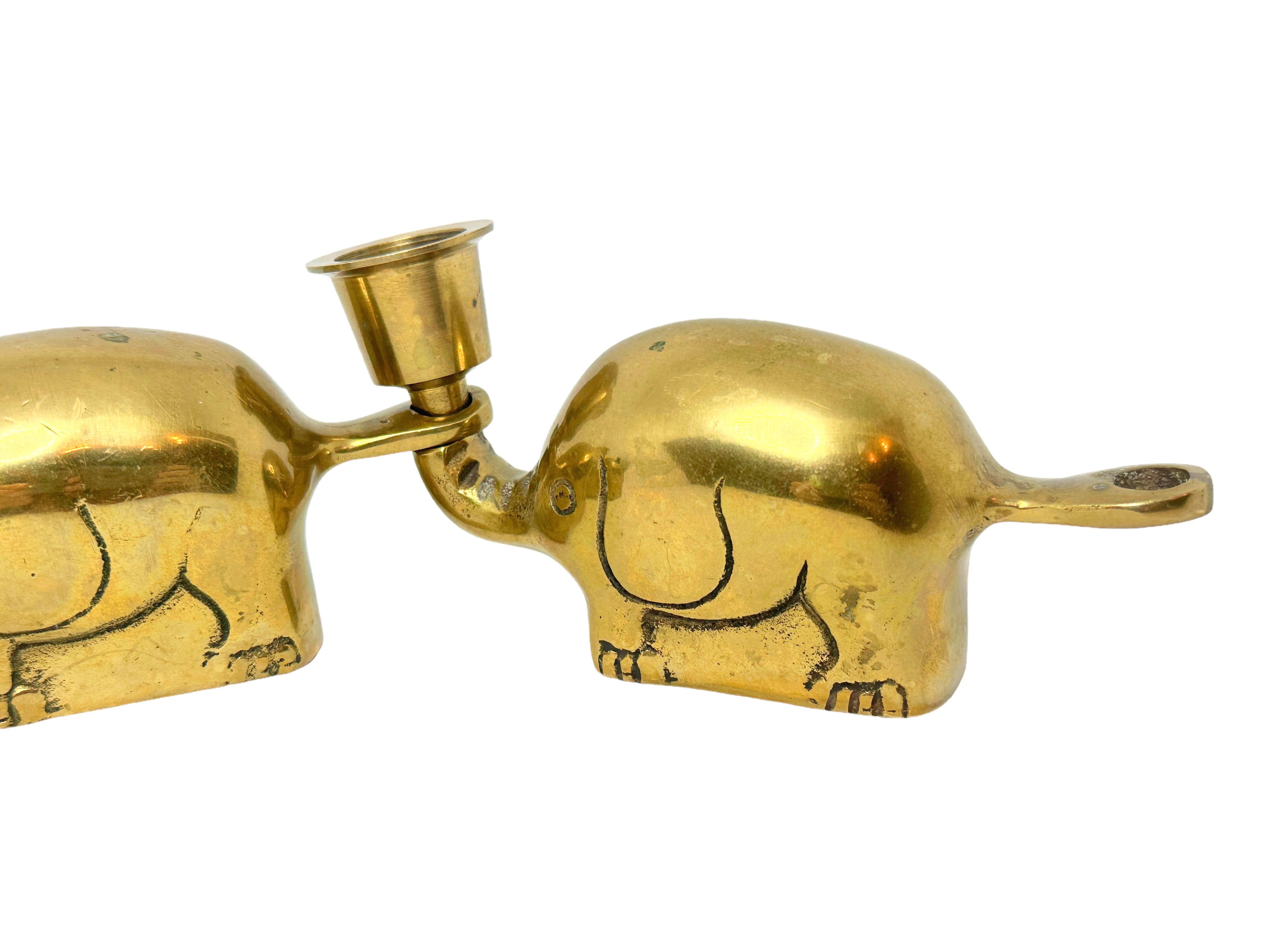 Very Rare Set of Three Art Deco Brass Candlesticks Candleholders Elephant Herd In Good Condition For Sale In Nuernberg, DE