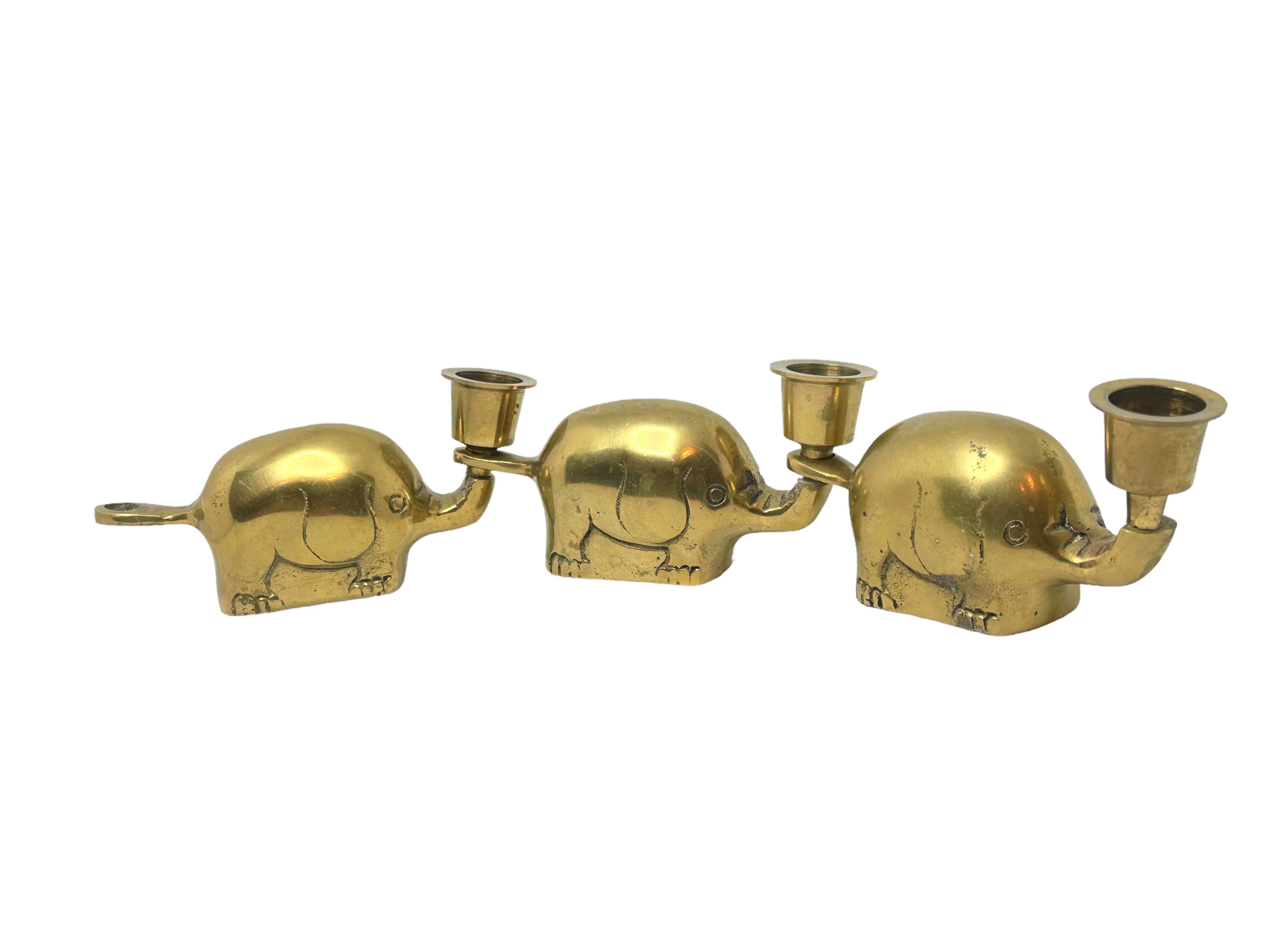 Mid-20th Century Very Rare Set of Three Art Deco Brass Candlesticks Candleholders Elephant Herd For Sale
