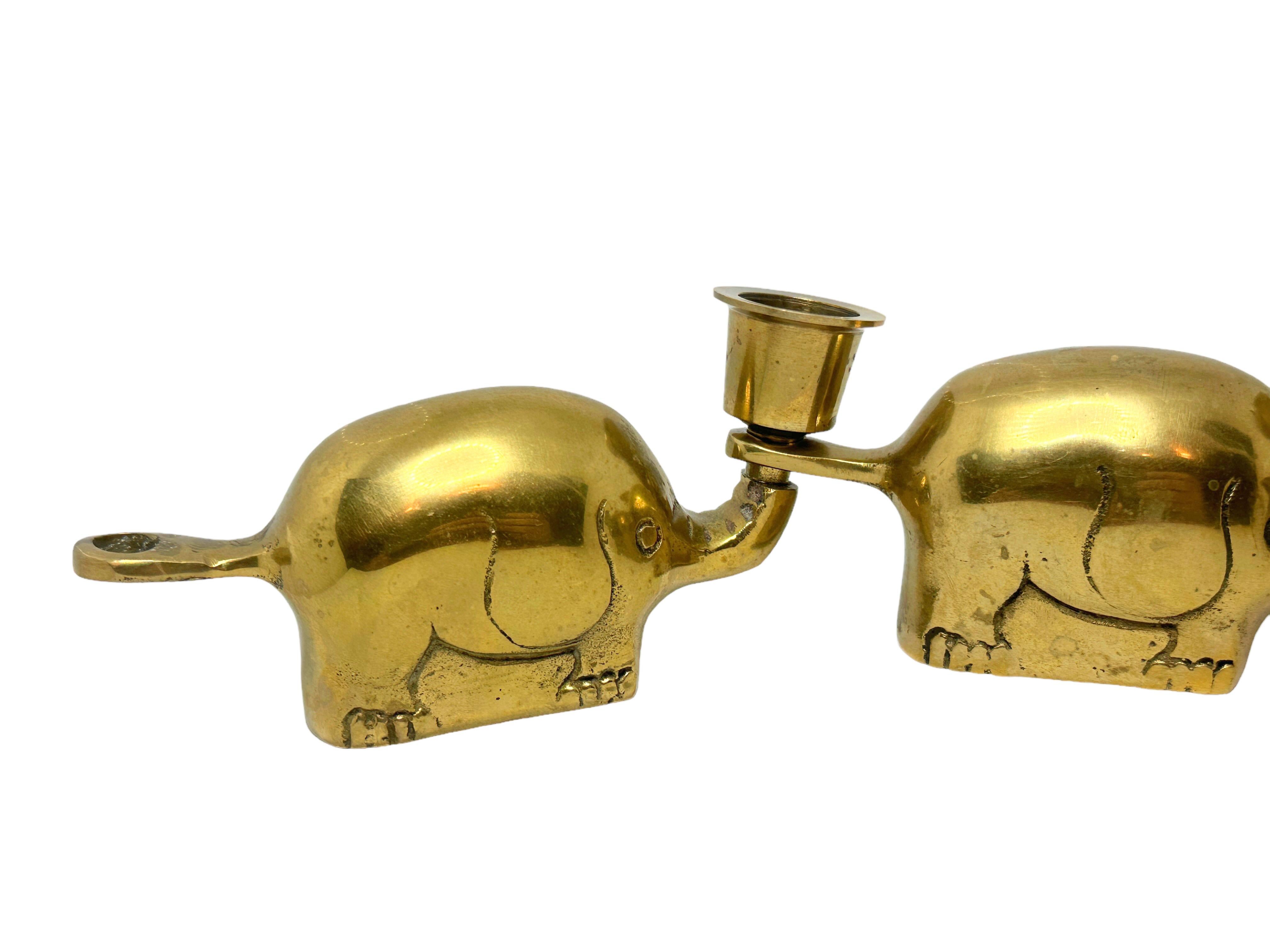 Very Rare Set of Three Art Deco Brass Candlesticks Candleholders Elephant Herd For Sale 1