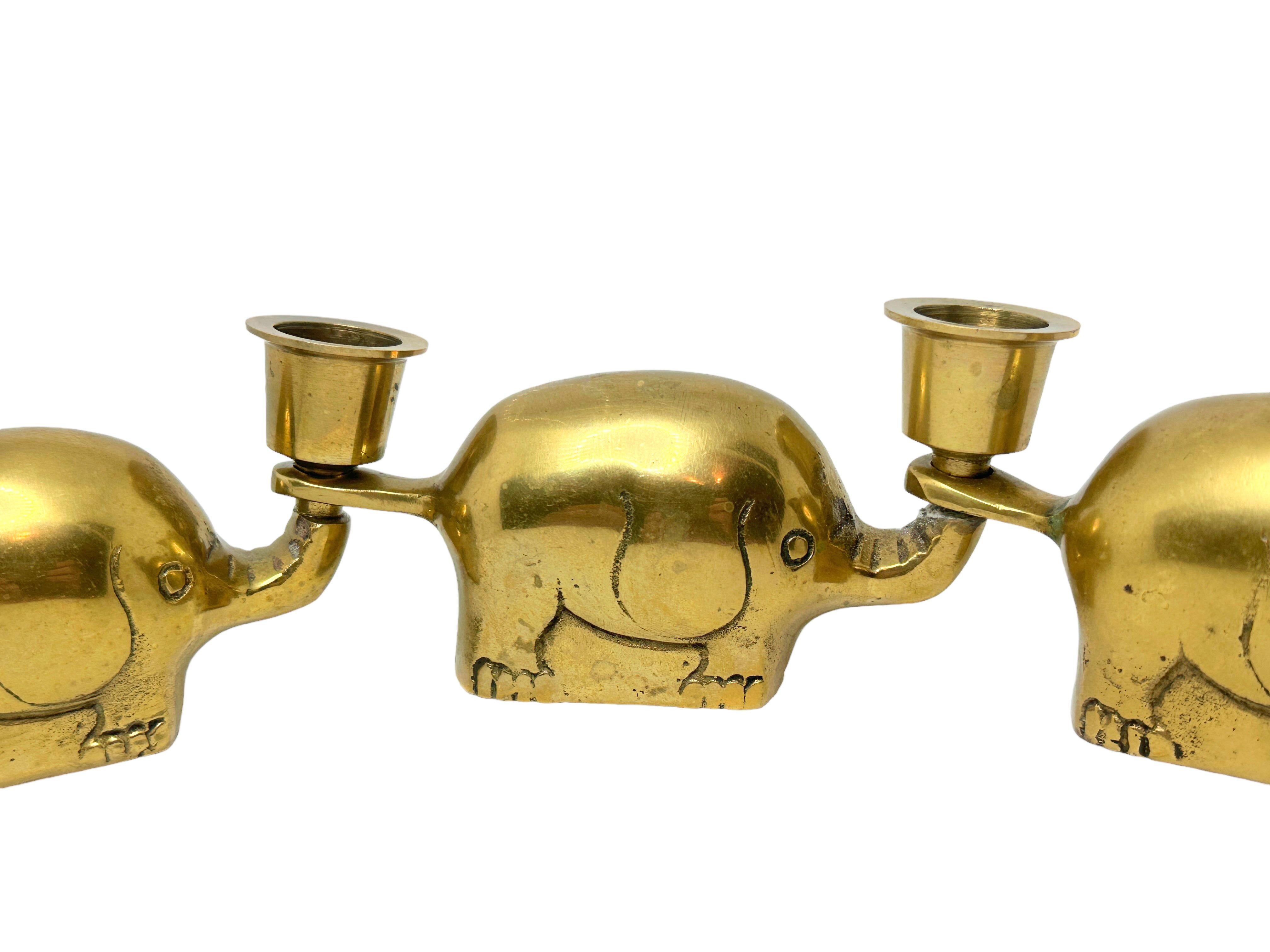 Very Rare Set of Three Art Deco Brass Candlesticks Candleholders Elephant Herd For Sale 2