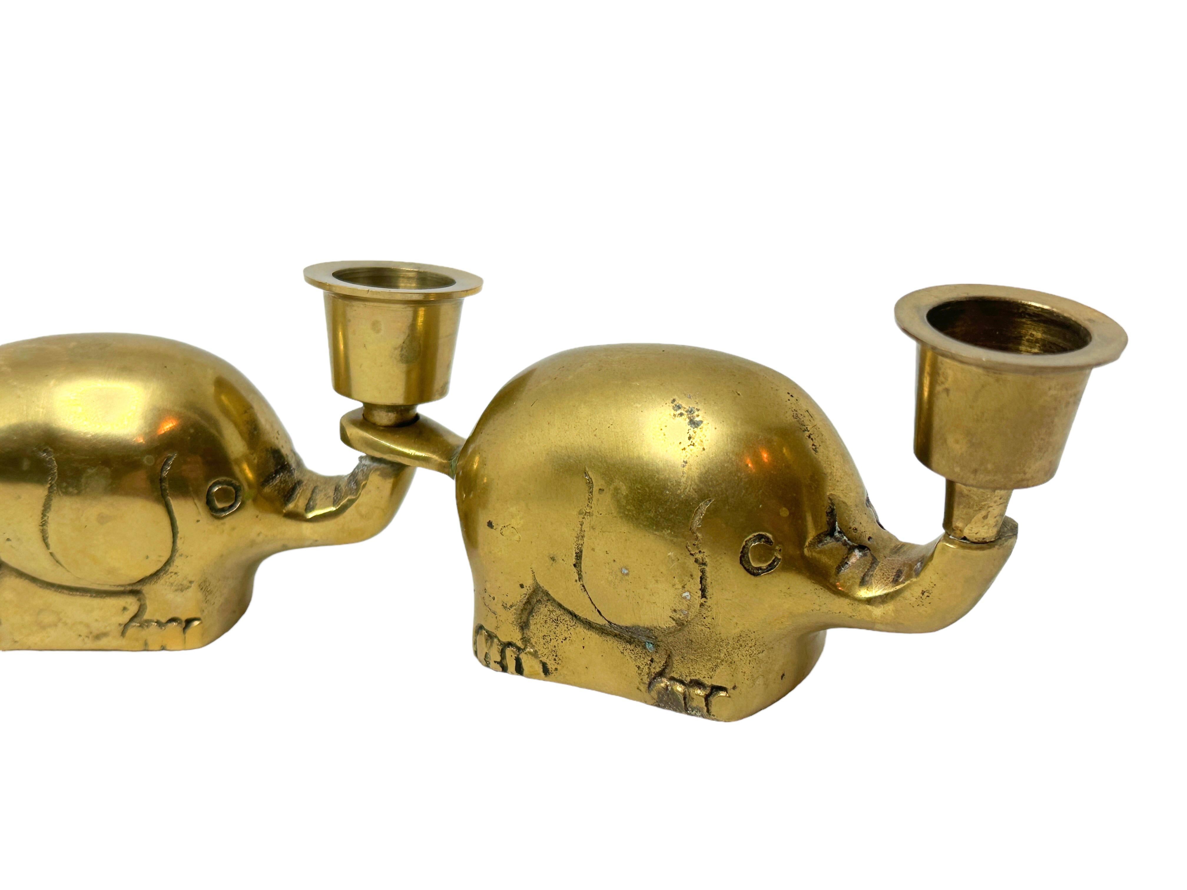 Very Rare Set of Three Art Deco Brass Candlesticks Candleholders Elephant Herd For Sale 3