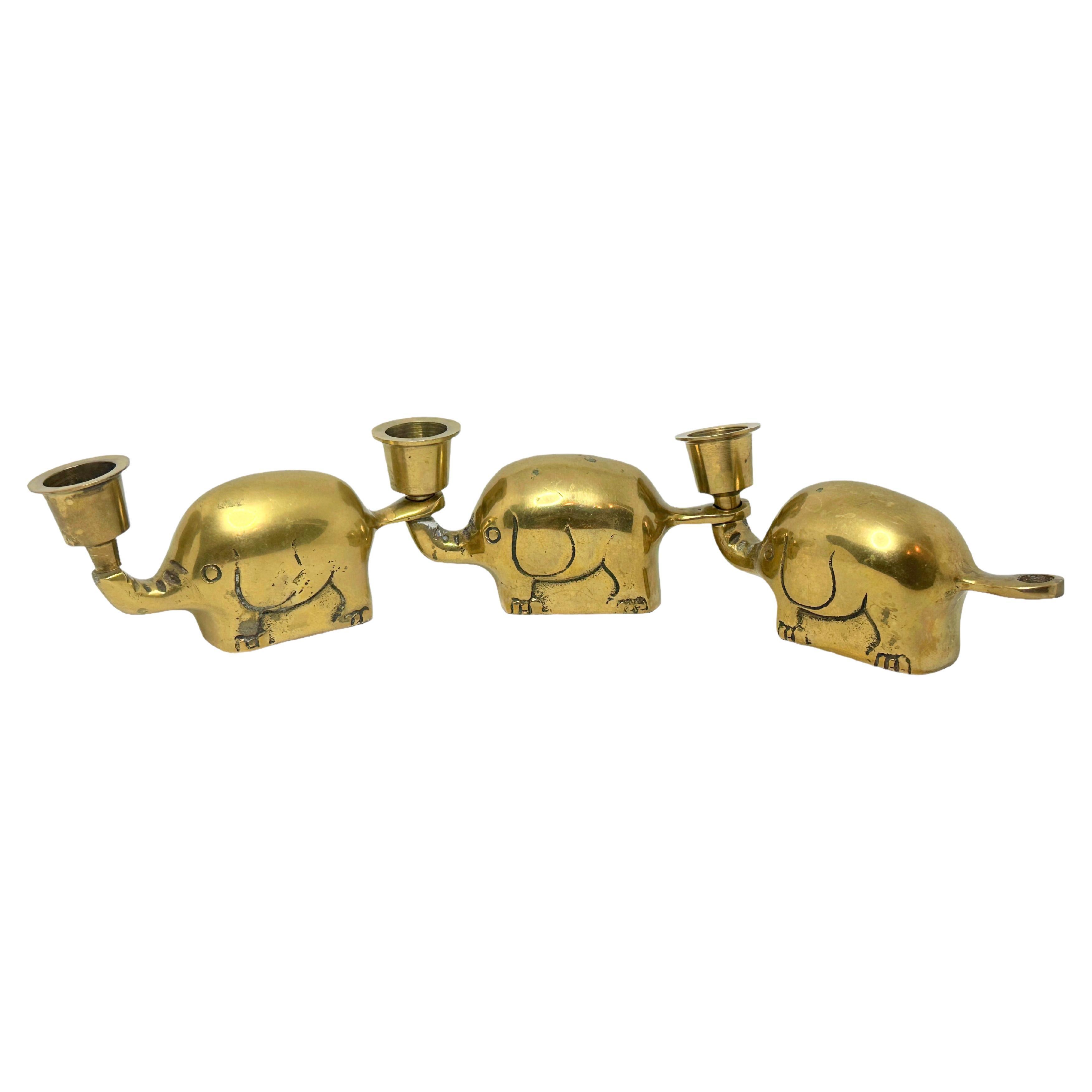 Very Rare Set of Three Art Deco Brass Candlesticks Candleholders Elephant Herd For Sale