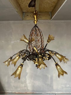 Very rare, signed, Murano Italian pineapple chandelier with colourful crystal