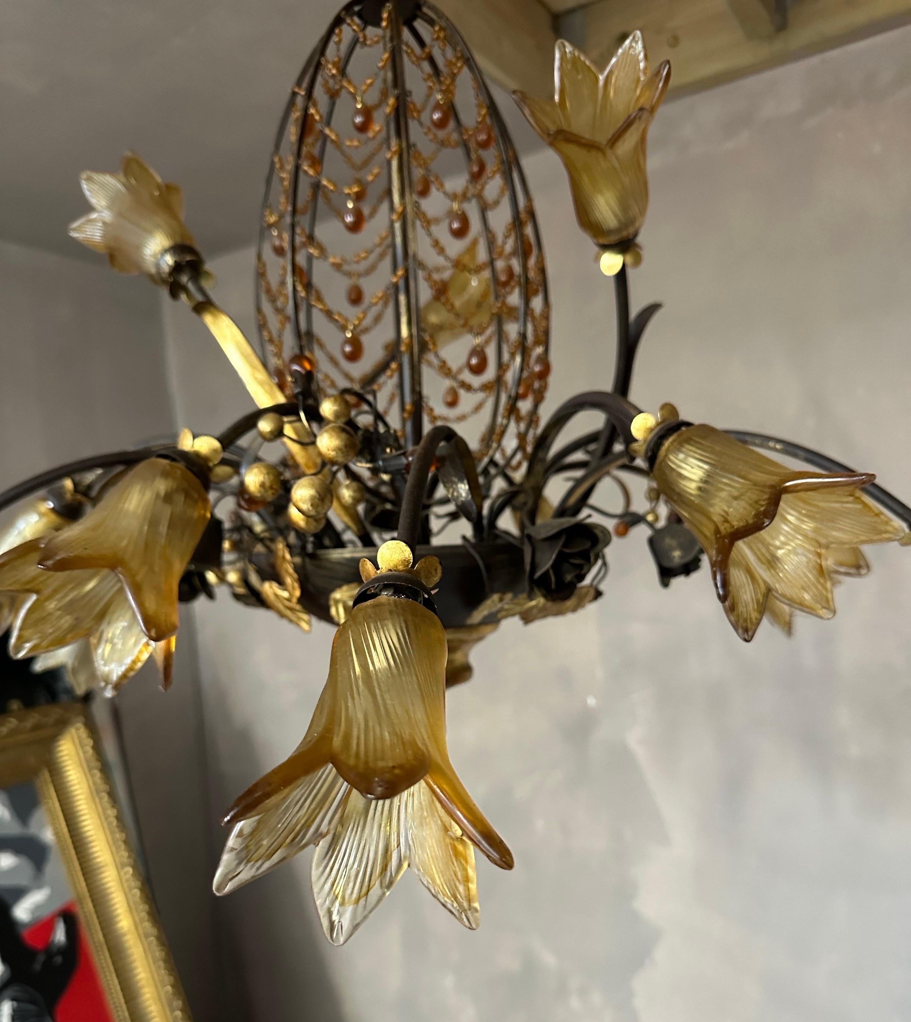 Very rare, signed, Murano Italian pineapple chandelier with colourful crystal  In Good Condition For Sale In Worthing, GB