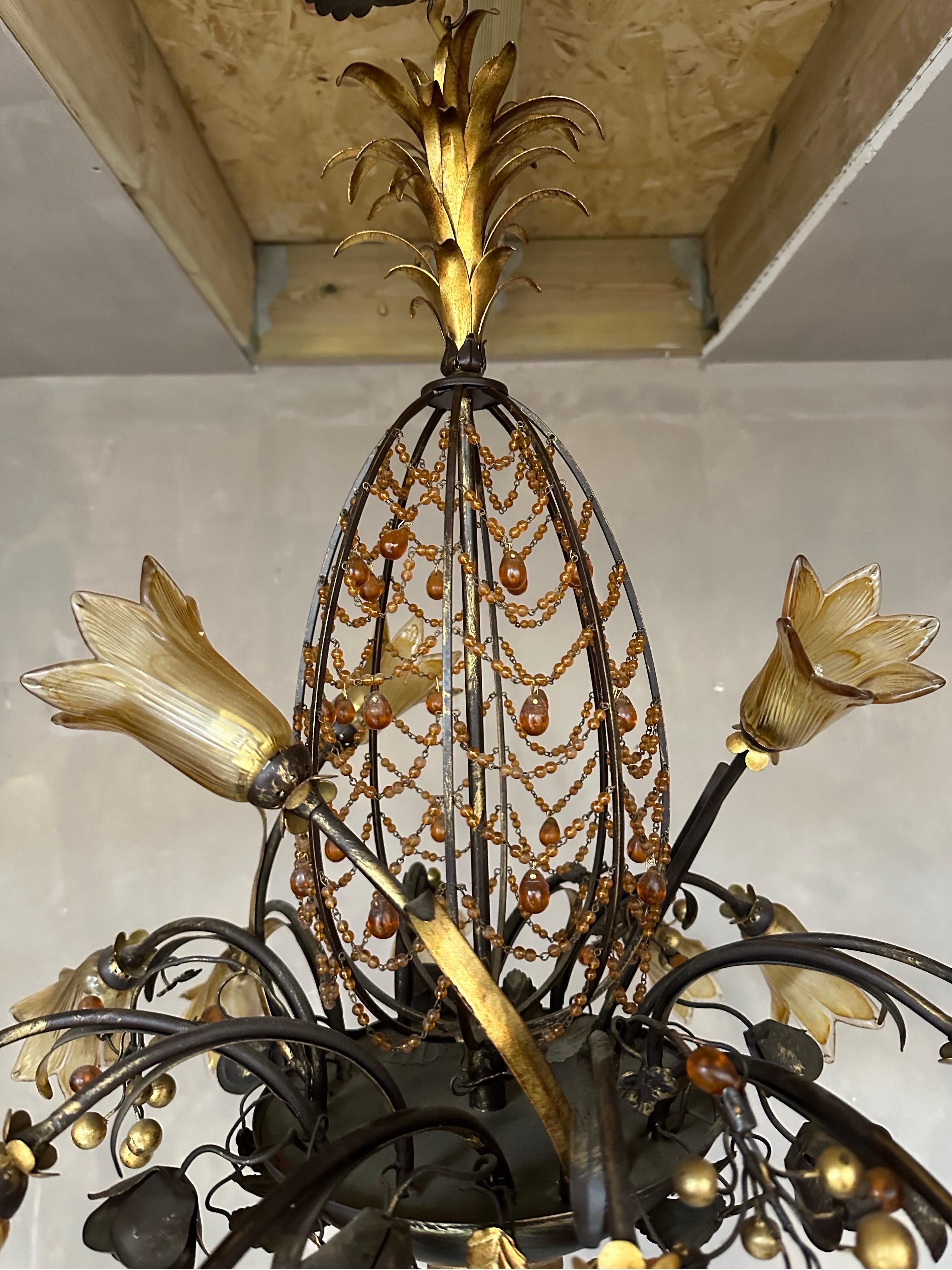 Very rare, signed, Murano Italian pineapple chandelier with colourful crystal  For Sale 1