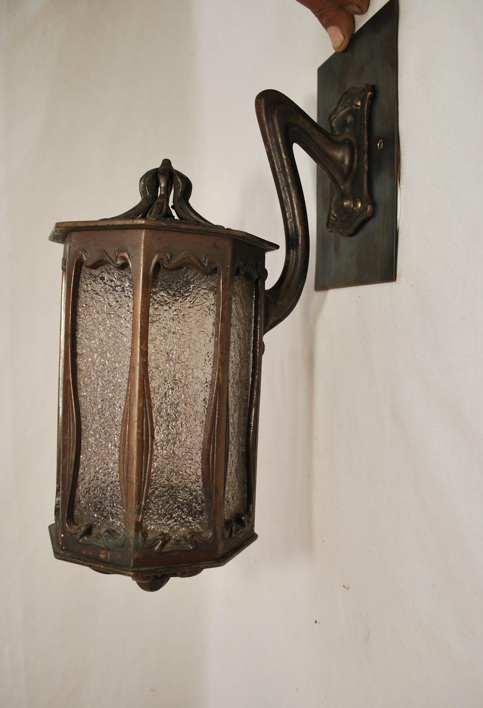 Very Rare Small Pair of French Bronze Art Nouveau Outdoor/Indoor Sconces In Good Condition In Los Angeles, CA