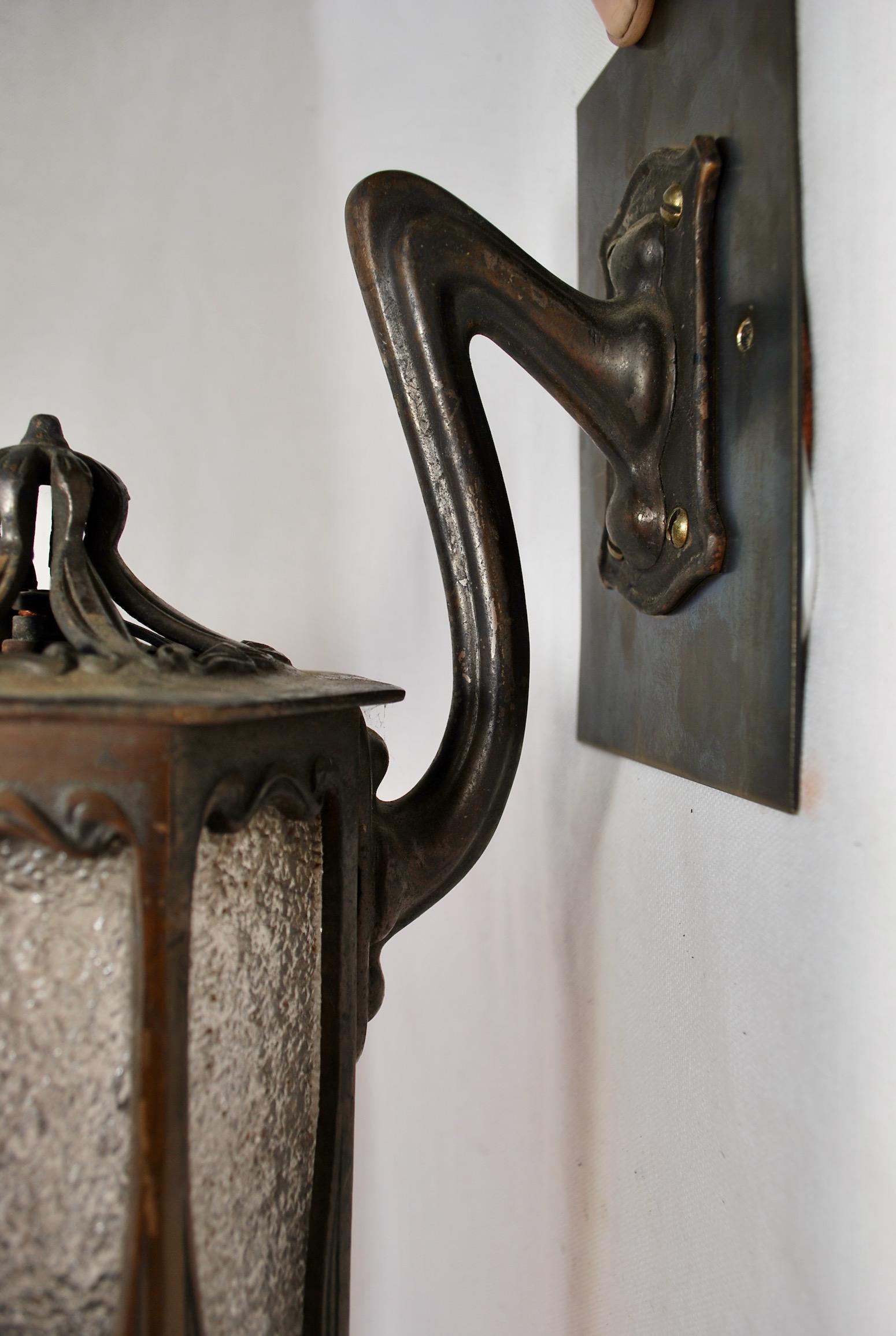 Early 20th Century Very Rare Small Pair of French Bronze Art Nouveau Outdoor/Indoor Sconces