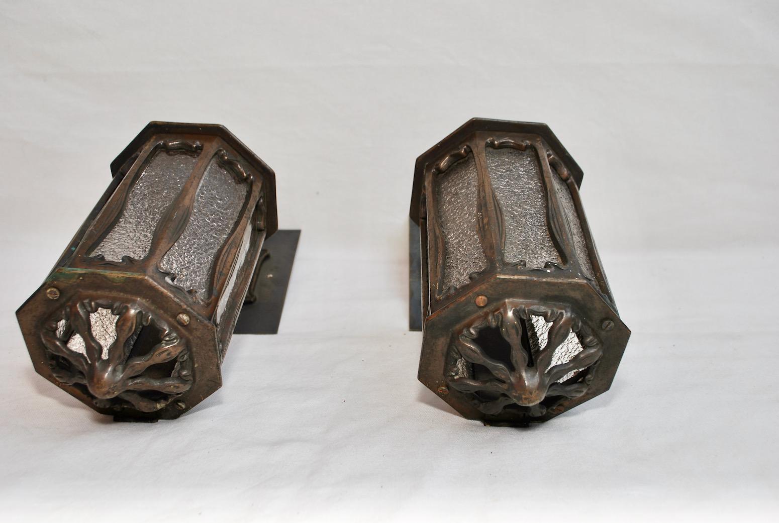Very Rare Small Pair of French Bronze Art Nouveau Outdoor/Indoor Sconces 5