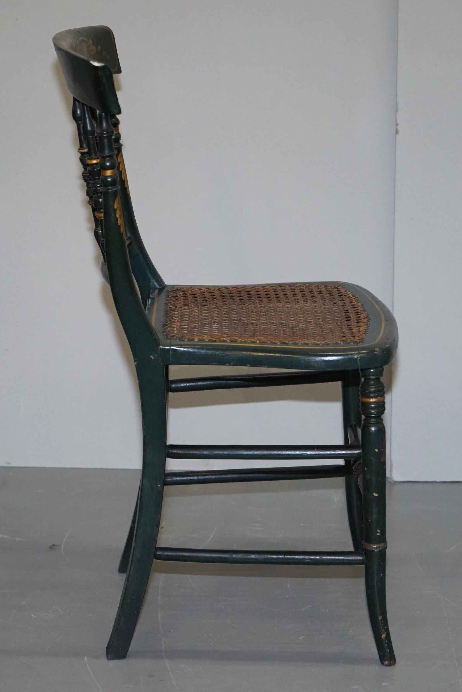 Very Rare Suite of Four Regency circa 1815 Hand Painted Bergere Rattan Chairs 4 For Sale 3