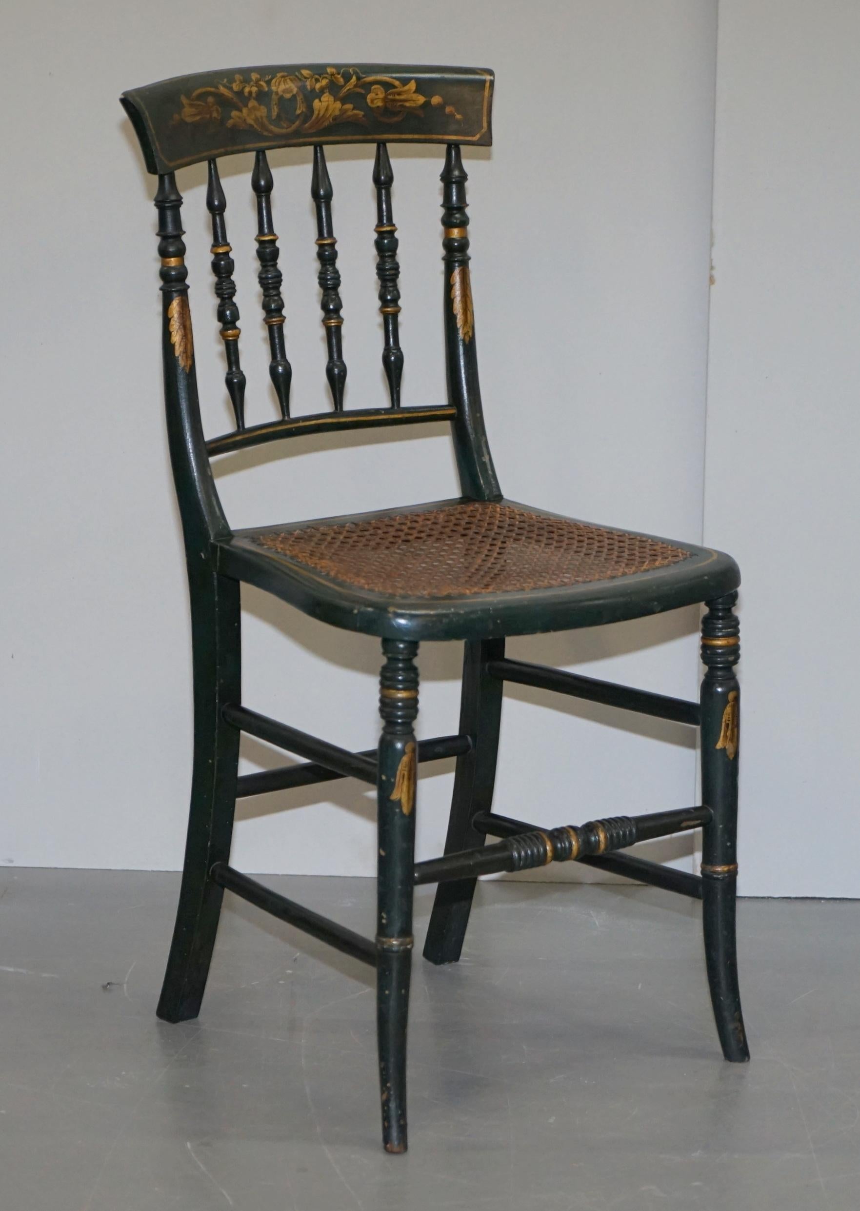 We are delighted to offer for sale this lovely original suite of four circa 1810-1820 Regency hand painted green with floral details bergere chairs

A very good looking well made and collectable suite. These were the height of fashion in the Regency