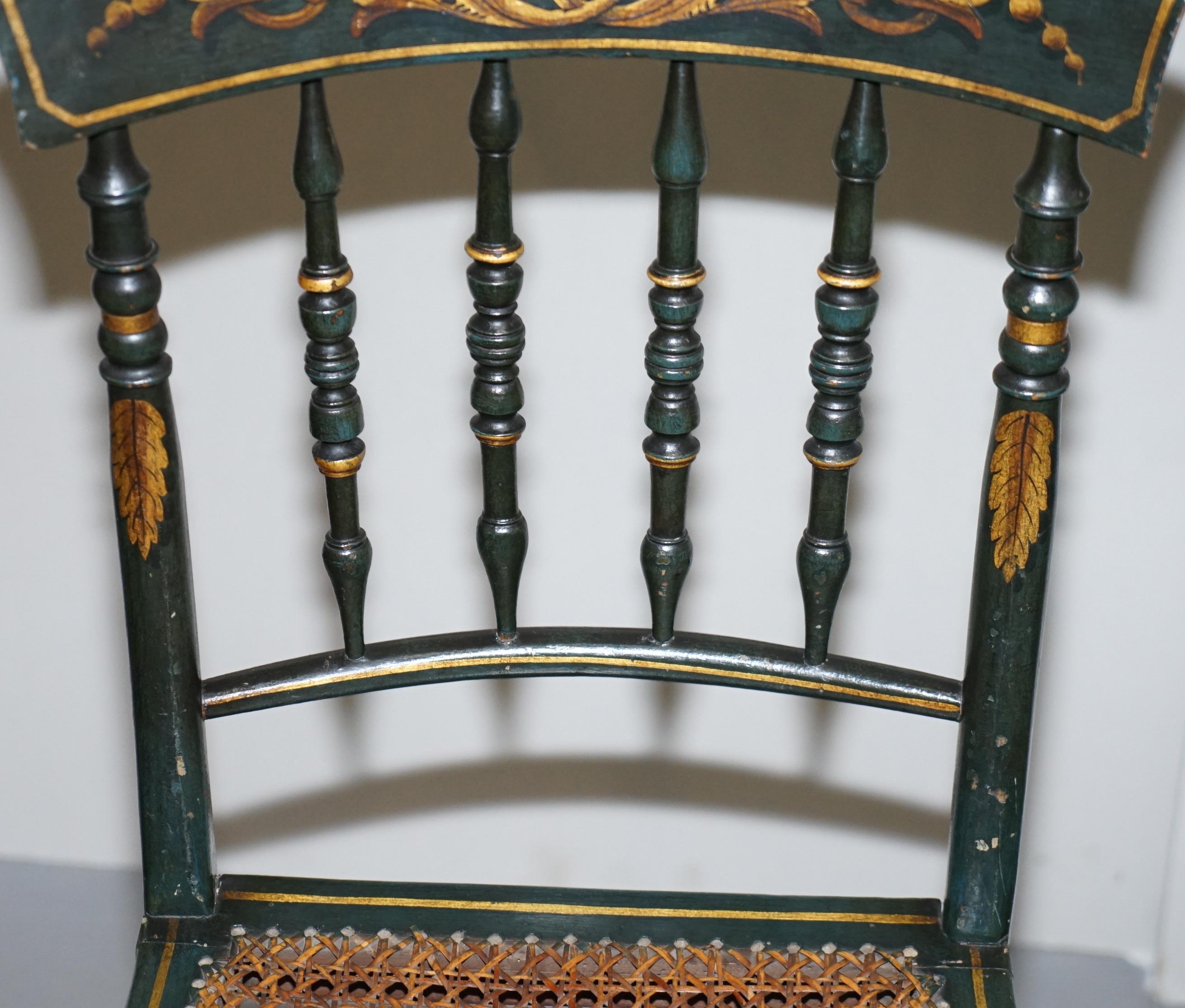 Early 19th Century Very Rare Suite of Four Regency circa 1815 Hand Painted Bergere Rattan Chairs 4 For Sale