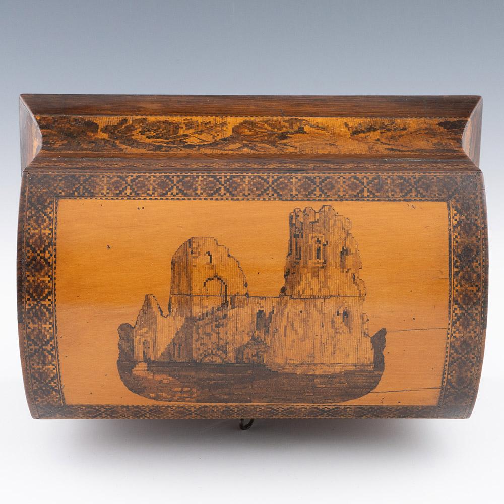 Rarísima caja de Tunbridge Ware con iglesia de Dover y faros Madera en venta