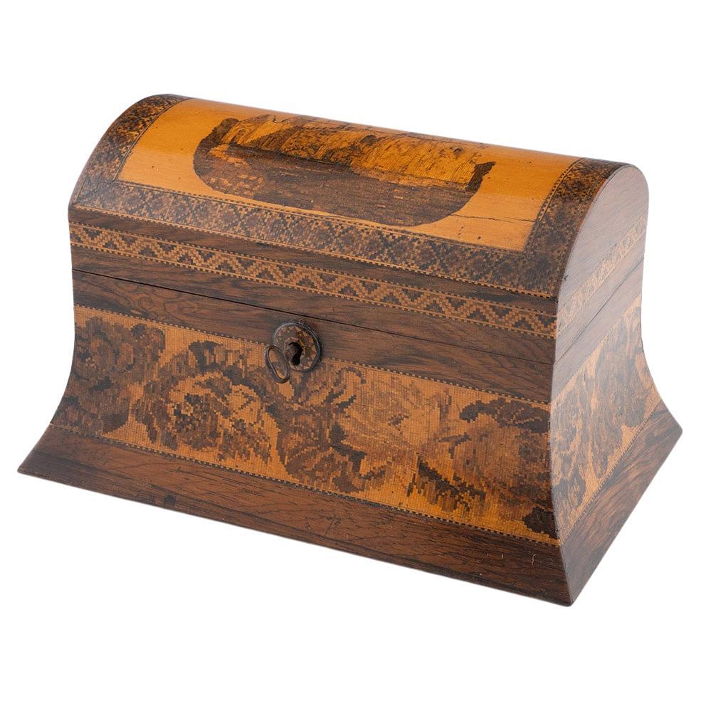 Rarísima caja de Tunbridge Ware con iglesia de Dover y faros en venta