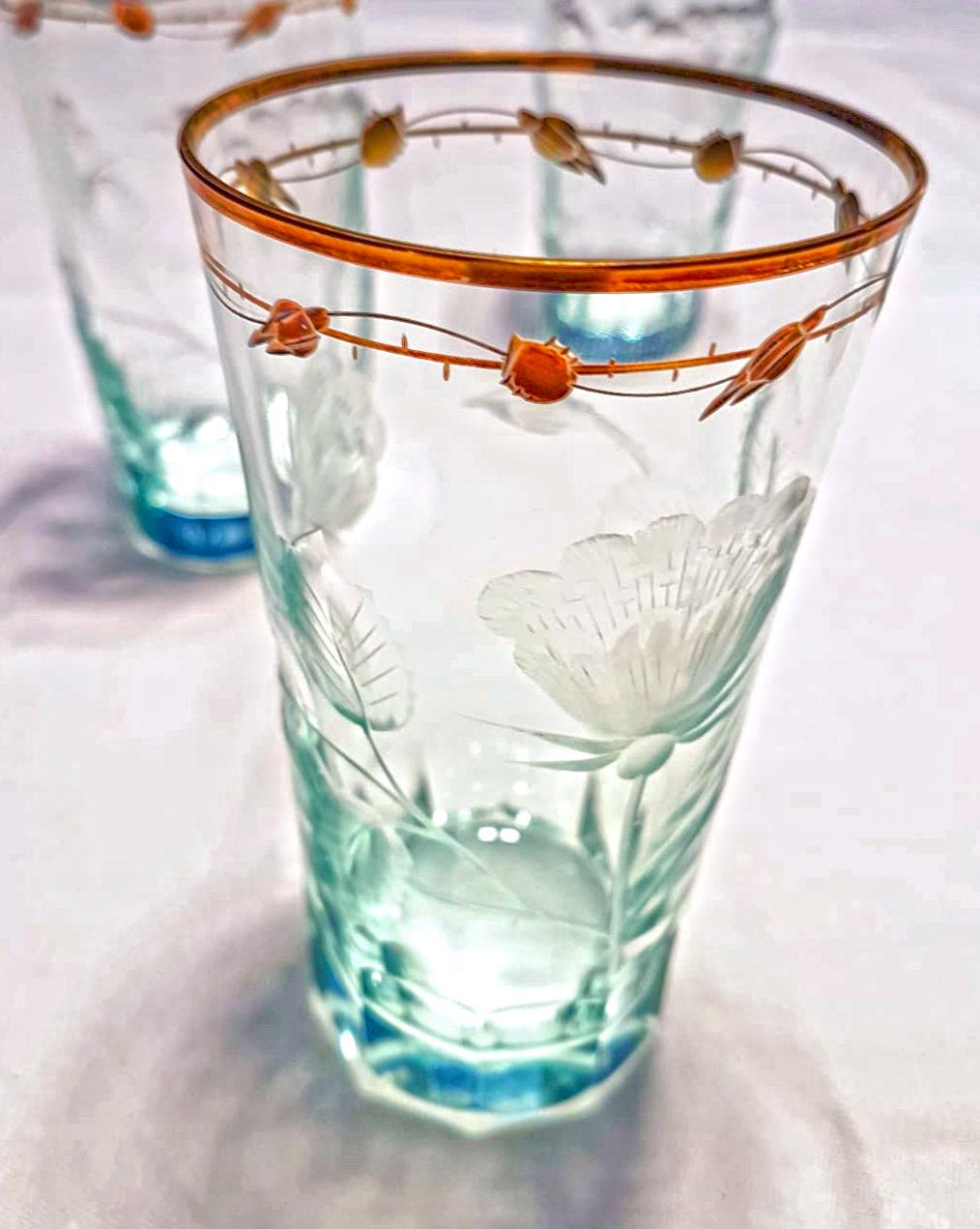 Very Rare Turquoise, Art Nouveau Hand Blown, Gilded Glasses 'Paula' by Moser 4