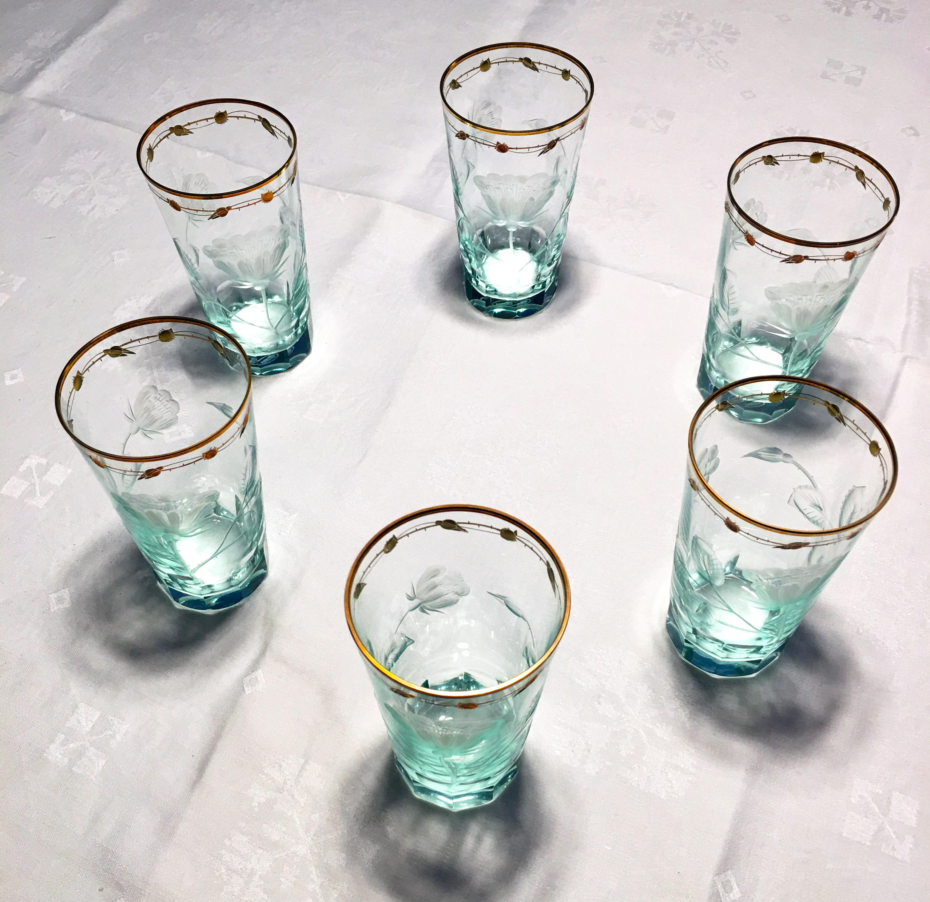 Czech Very Rare Turquoise, Art Nouveau Hand Blown, Gilded Glasses 'Paula' by Moser