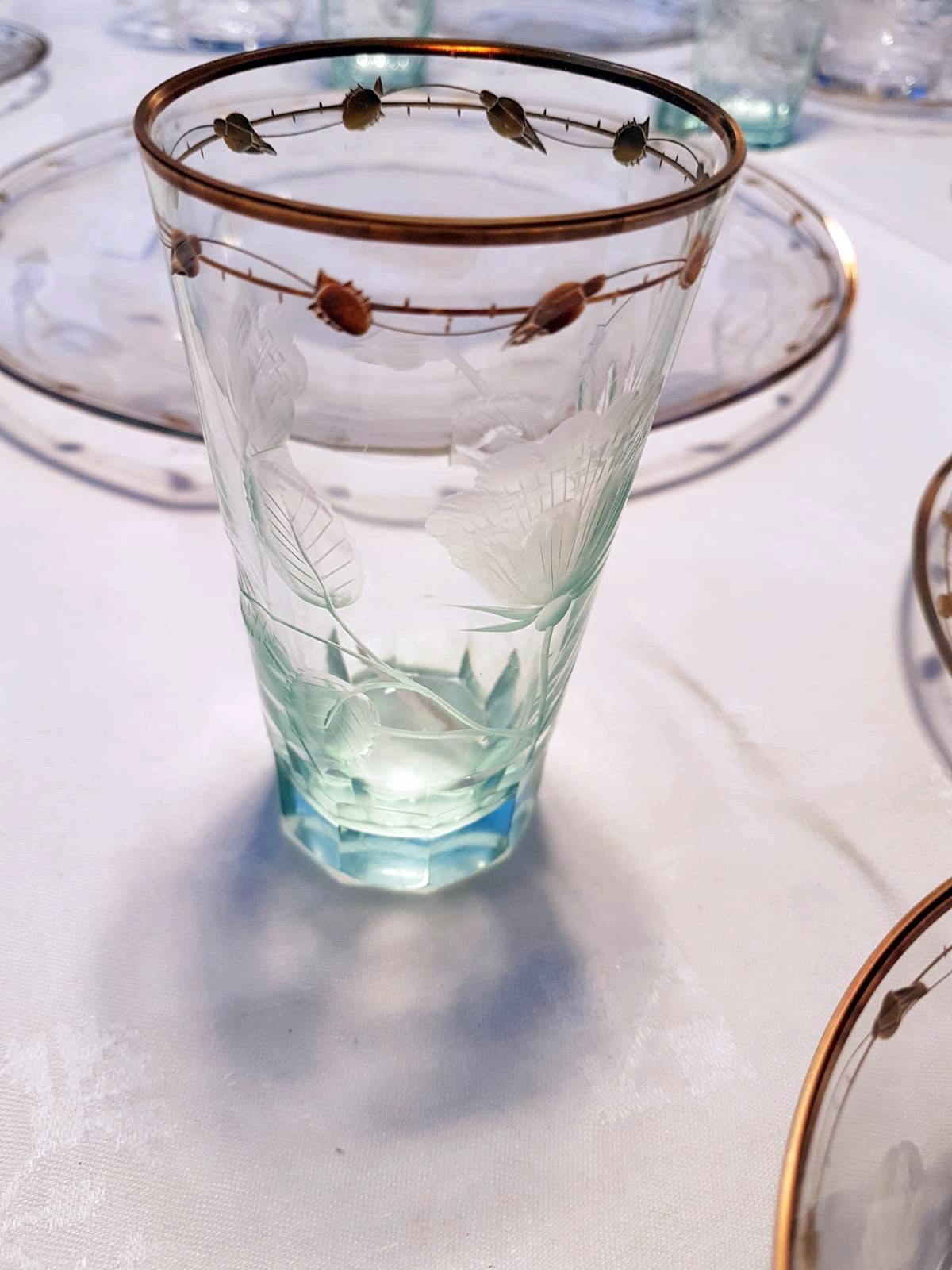 Gold Very Rare Turquoise, Art Nouveau Hand Blown, Gilded Glasses 'Paula' by Moser