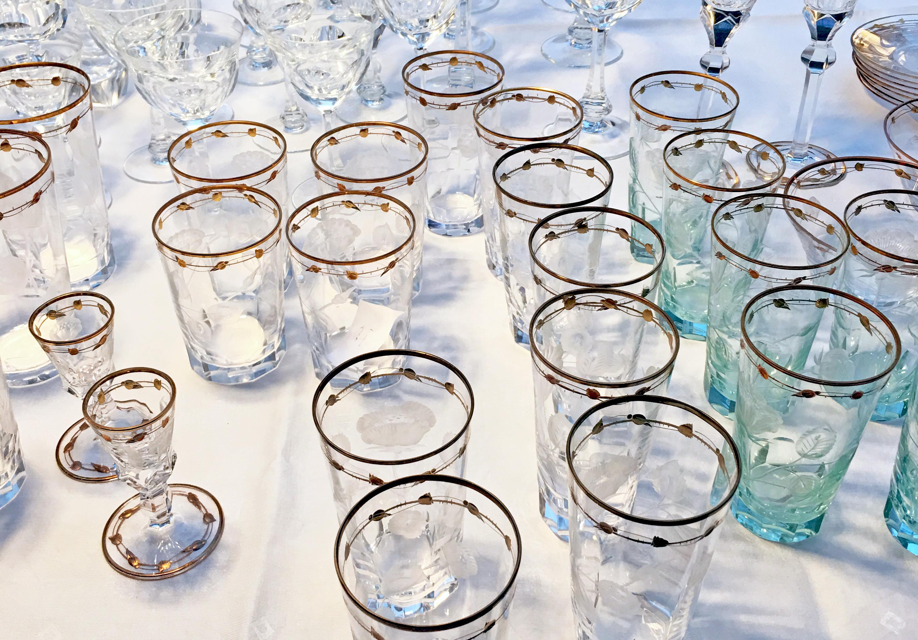 Very Rare Turquoise, Art Nouveau Hand Blown, Gilded Glasses 'Paula' by Moser 3