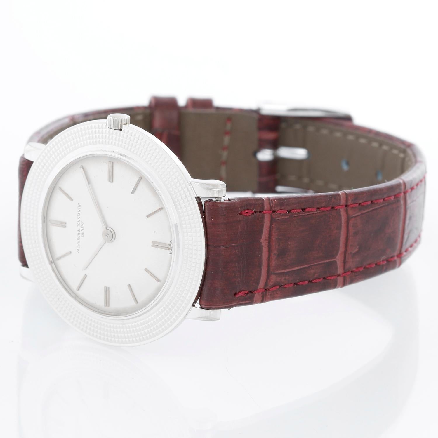 Very Rare Vacheron Constantin White Gold Watch Ref 6395 - Manual winding. 18K White gold ( 30 mm ) with hobnail bezel . Silver dial with stick hour markers. Leather strap with tang buckle. Pre-owned with custom box.