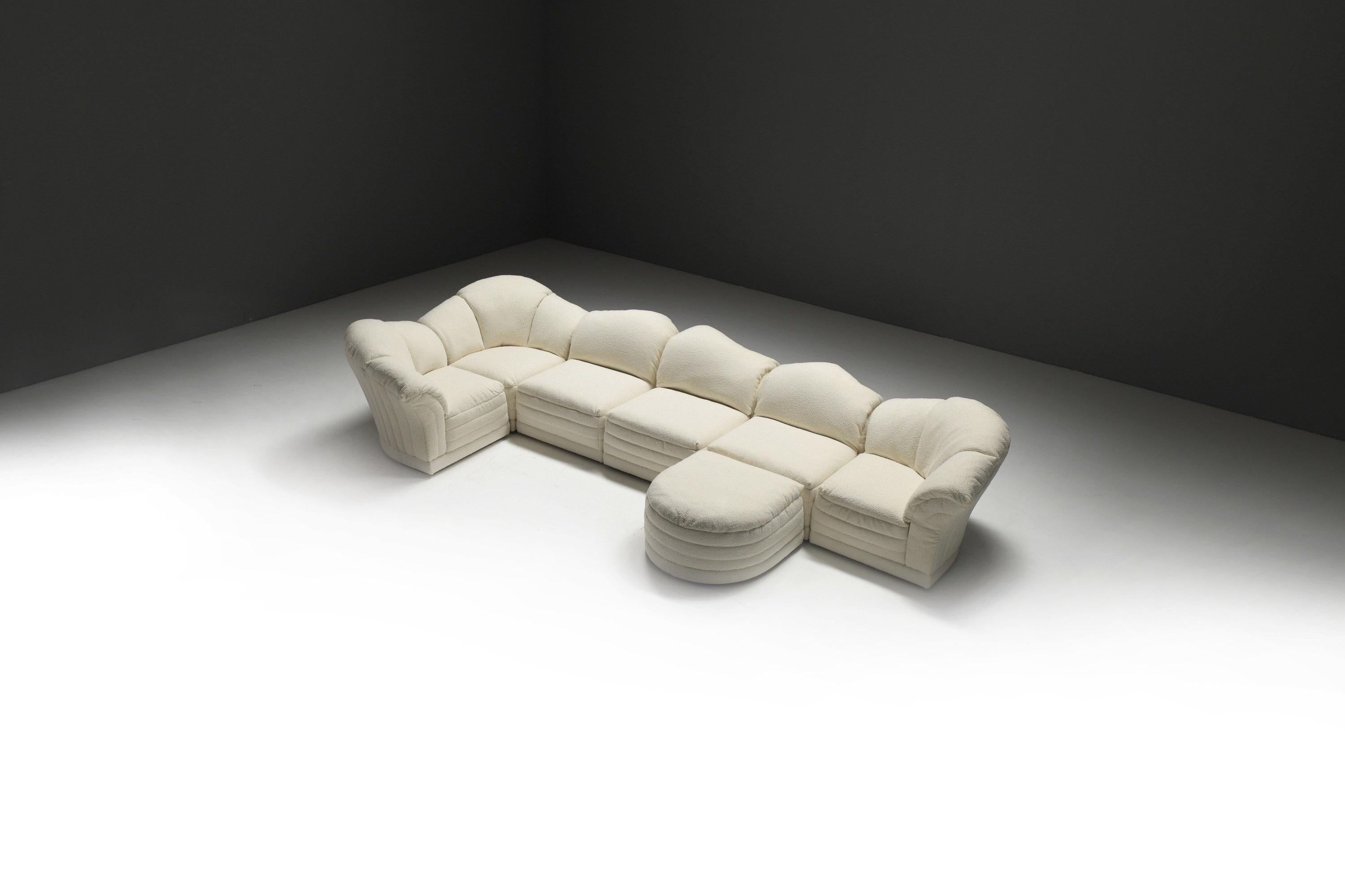 Very stylish & rare ‘Vagues’ or ‘Waves’ modular sofa.  The new reupholstery was carried out with careful consideration for the original stitching and overall character of this beauty.
Designed by Hans Hopfer for Roche Bobois France 1978;

This sofa