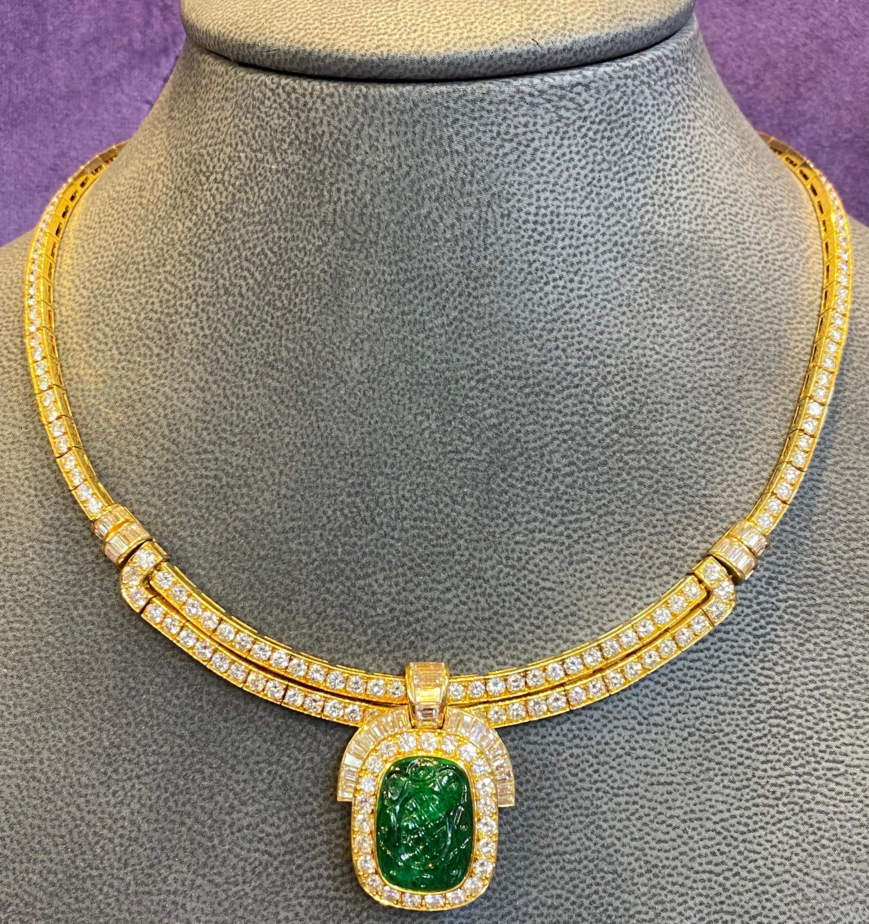 Round Cut Van Cleef & Arpels Carved Emerald and Diamond Necklace