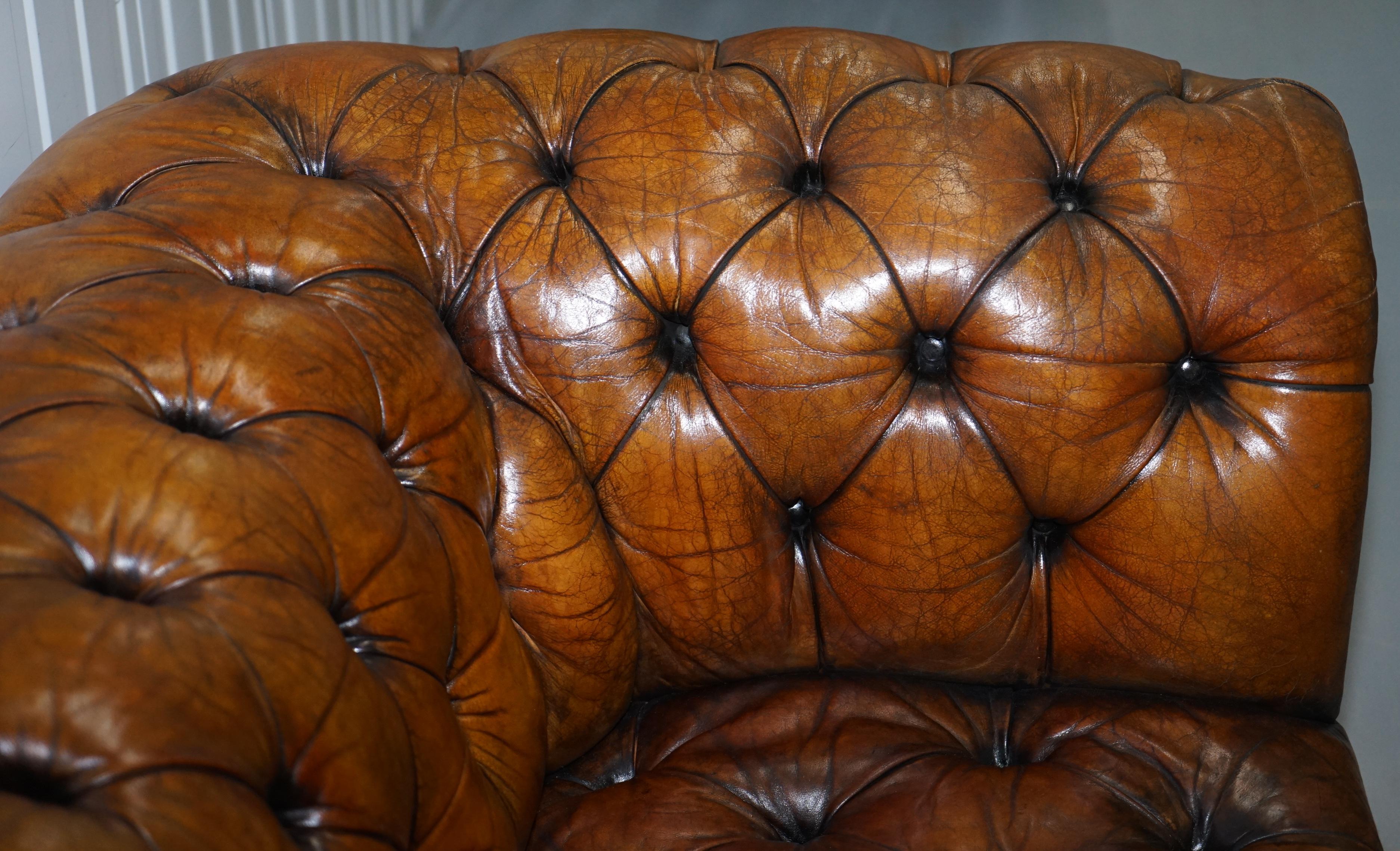 Very Rare Victorian Horse Hair Fully Restored Brown Leather Chesterfield Sofa 2