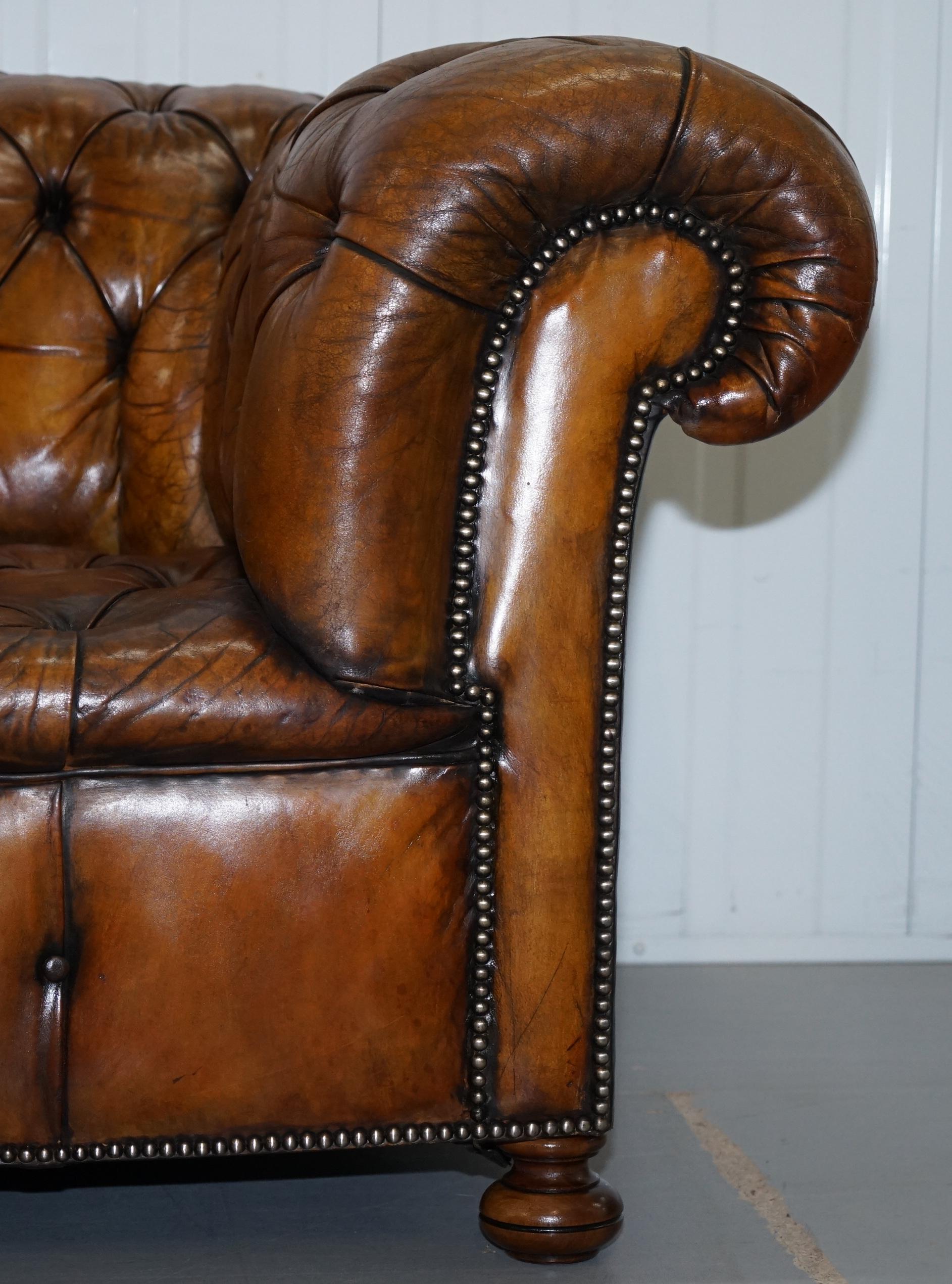 Very Rare Victorian Horse Hair Fully Restored Brown Leather Chesterfield Sofa 4
