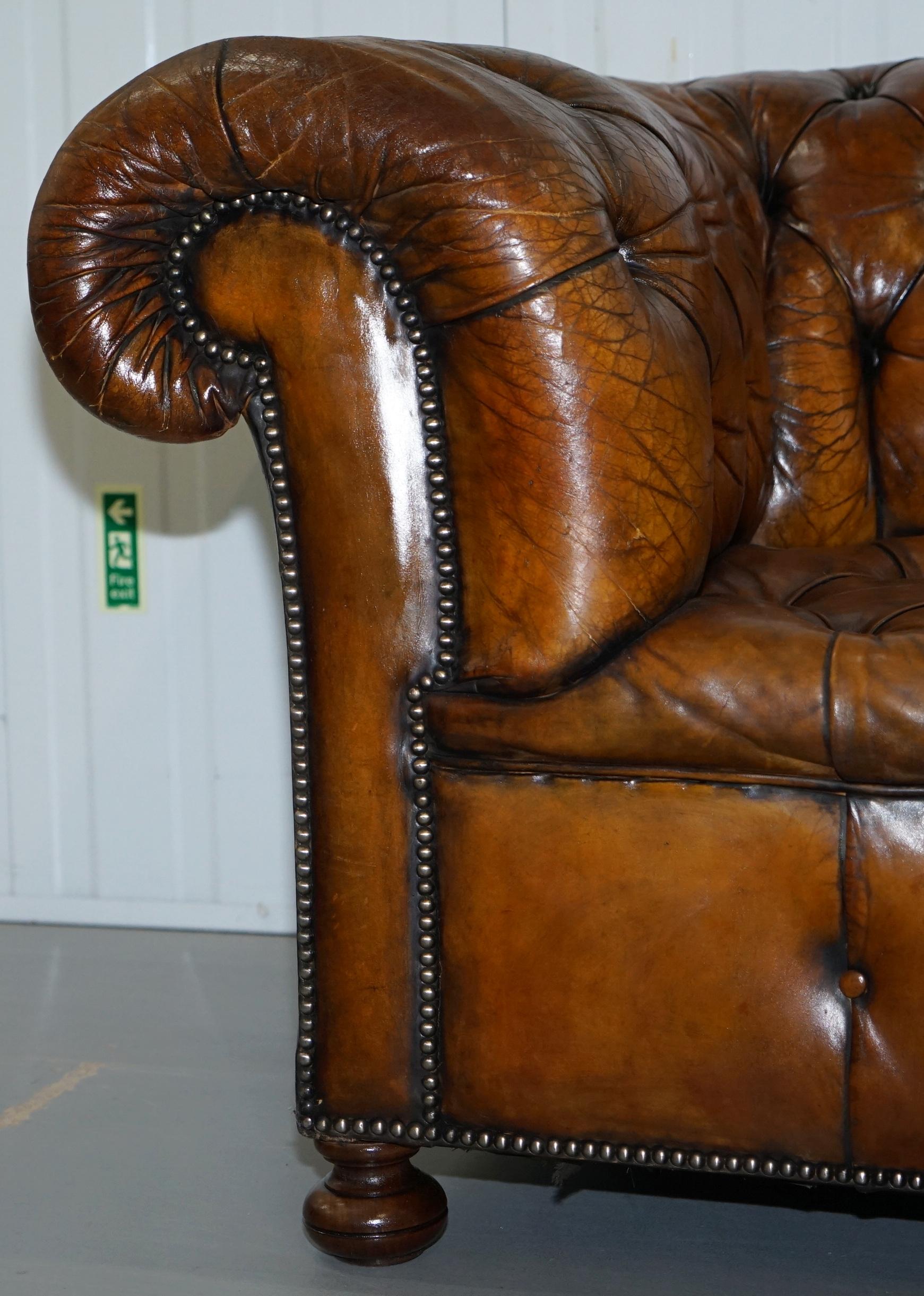 Very Rare Victorian Horse Hair Fully Restored Brown Leather Chesterfield Sofa 5