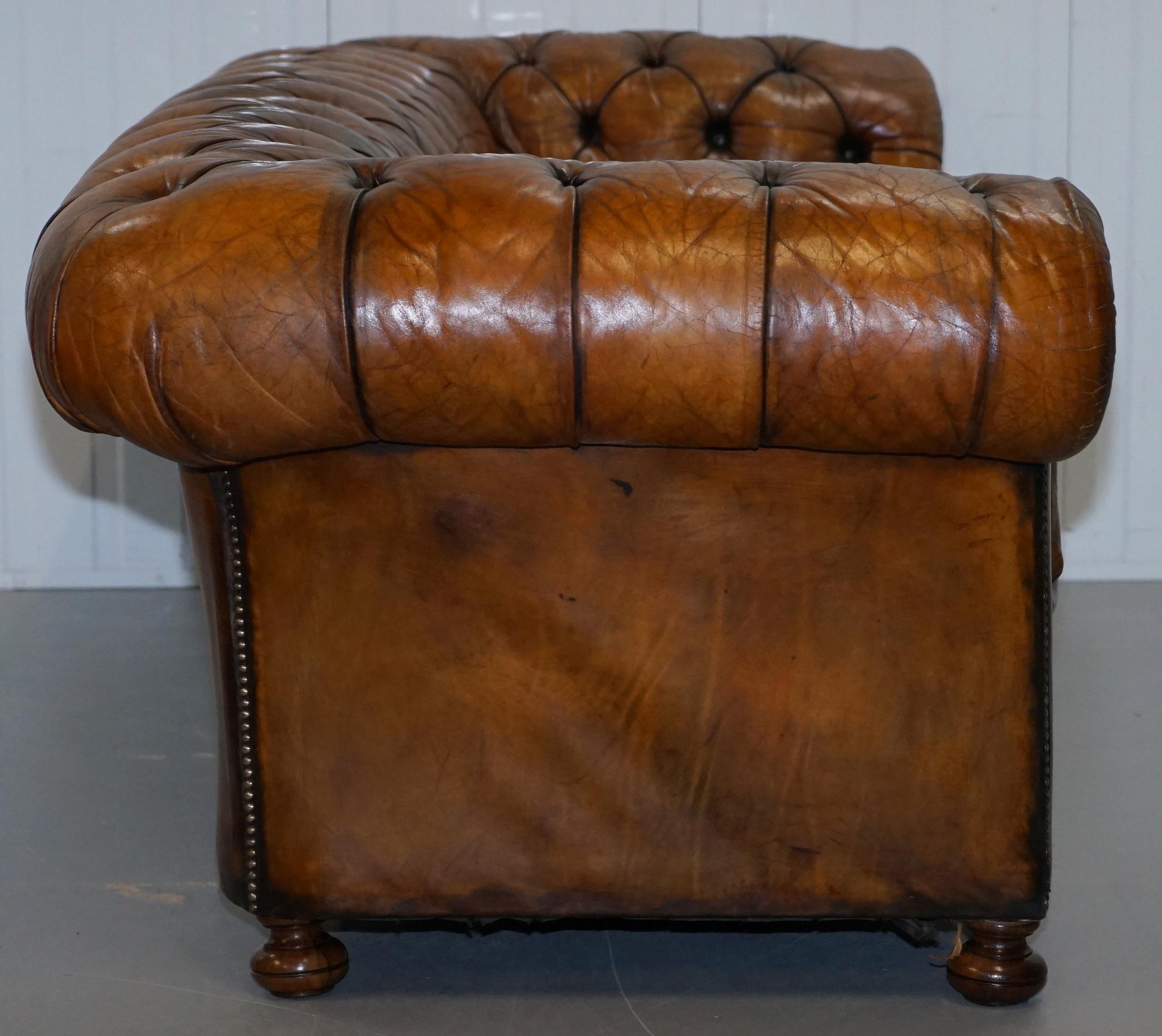Very Rare Victorian Horse Hair Fully Restored Brown Leather Chesterfield Sofa 9