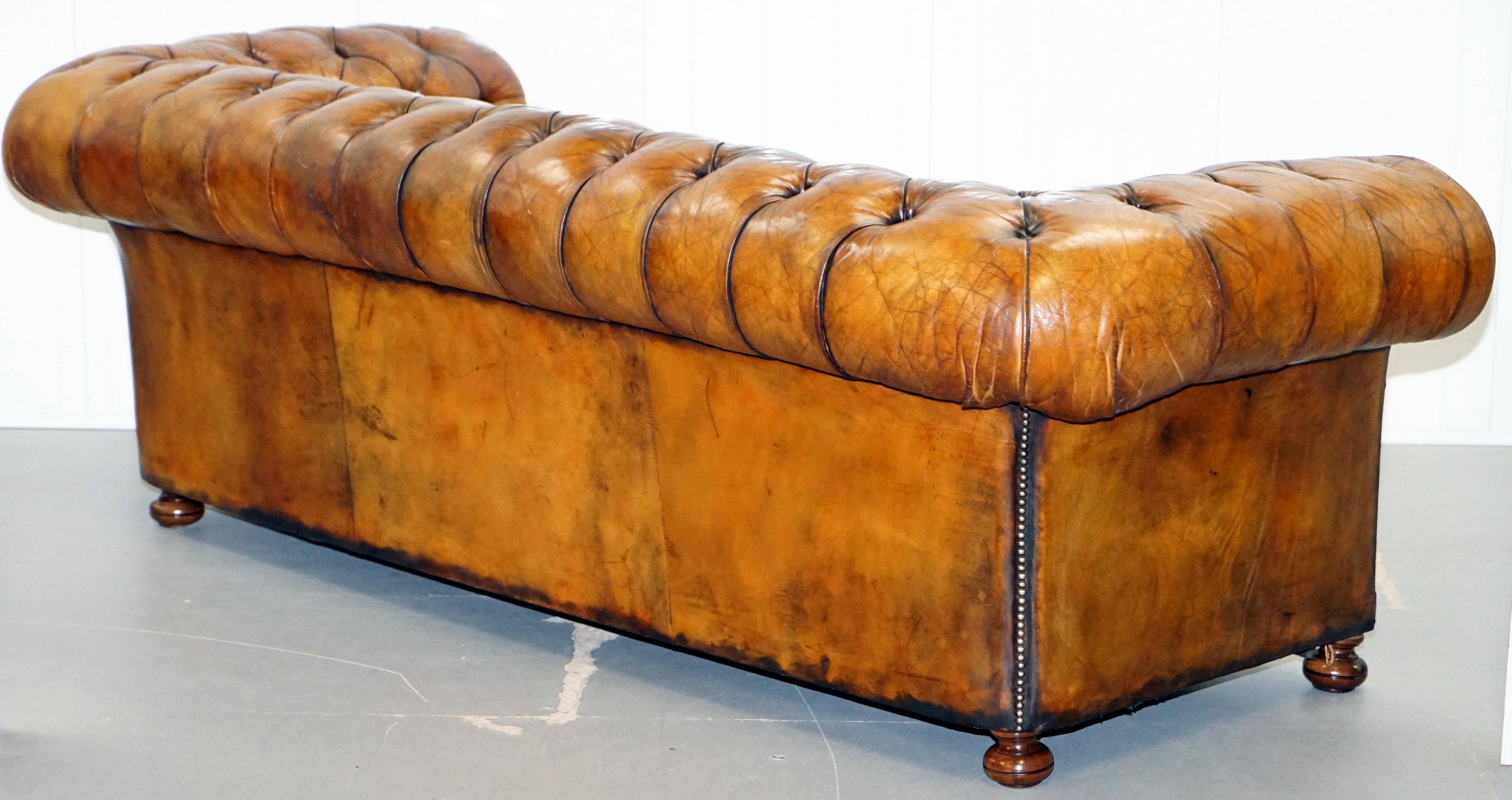 Very Rare Victorian Horse Hair Fully Restored Brown Leather Chesterfield Sofa 10