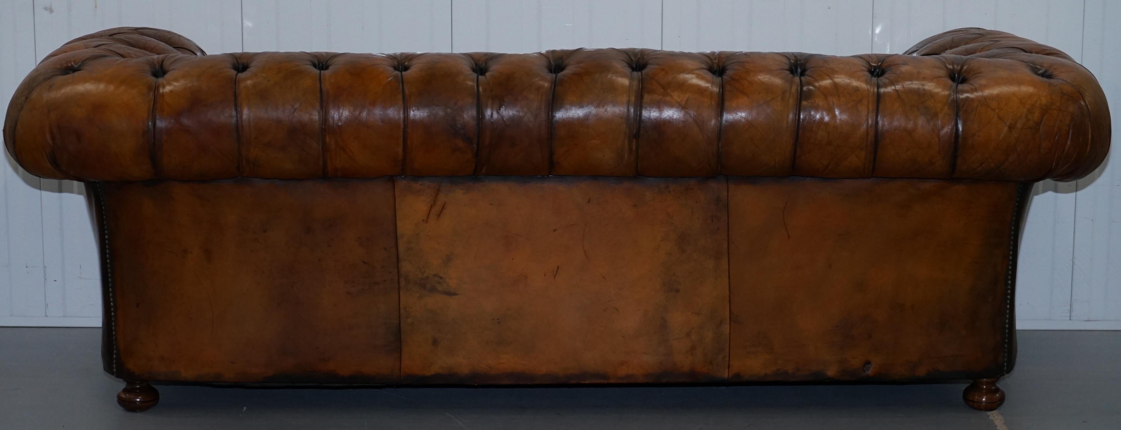 Very Rare Victorian Horse Hair Fully Restored Brown Leather Chesterfield Sofa 11