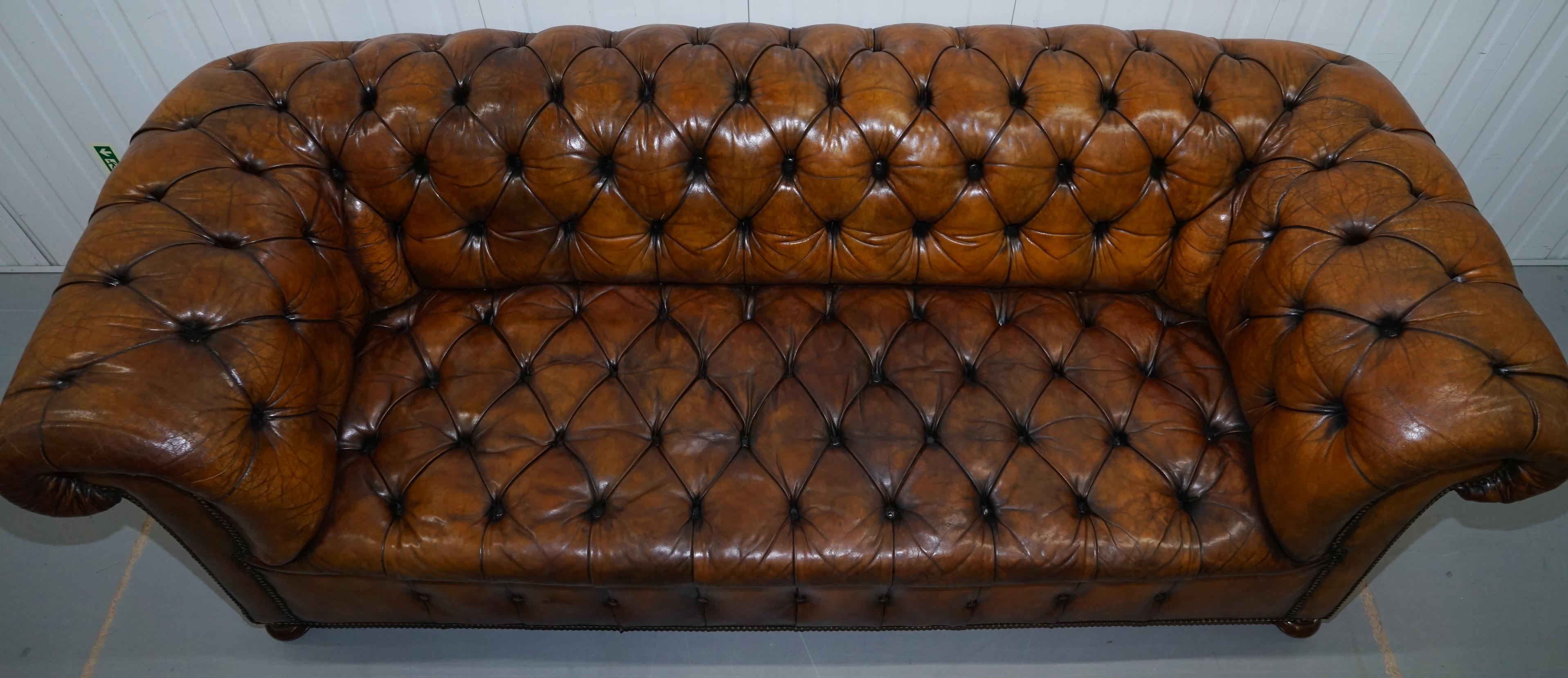 British Very Rare Victorian Horse Hair Fully Restored Brown Leather Chesterfield Sofa