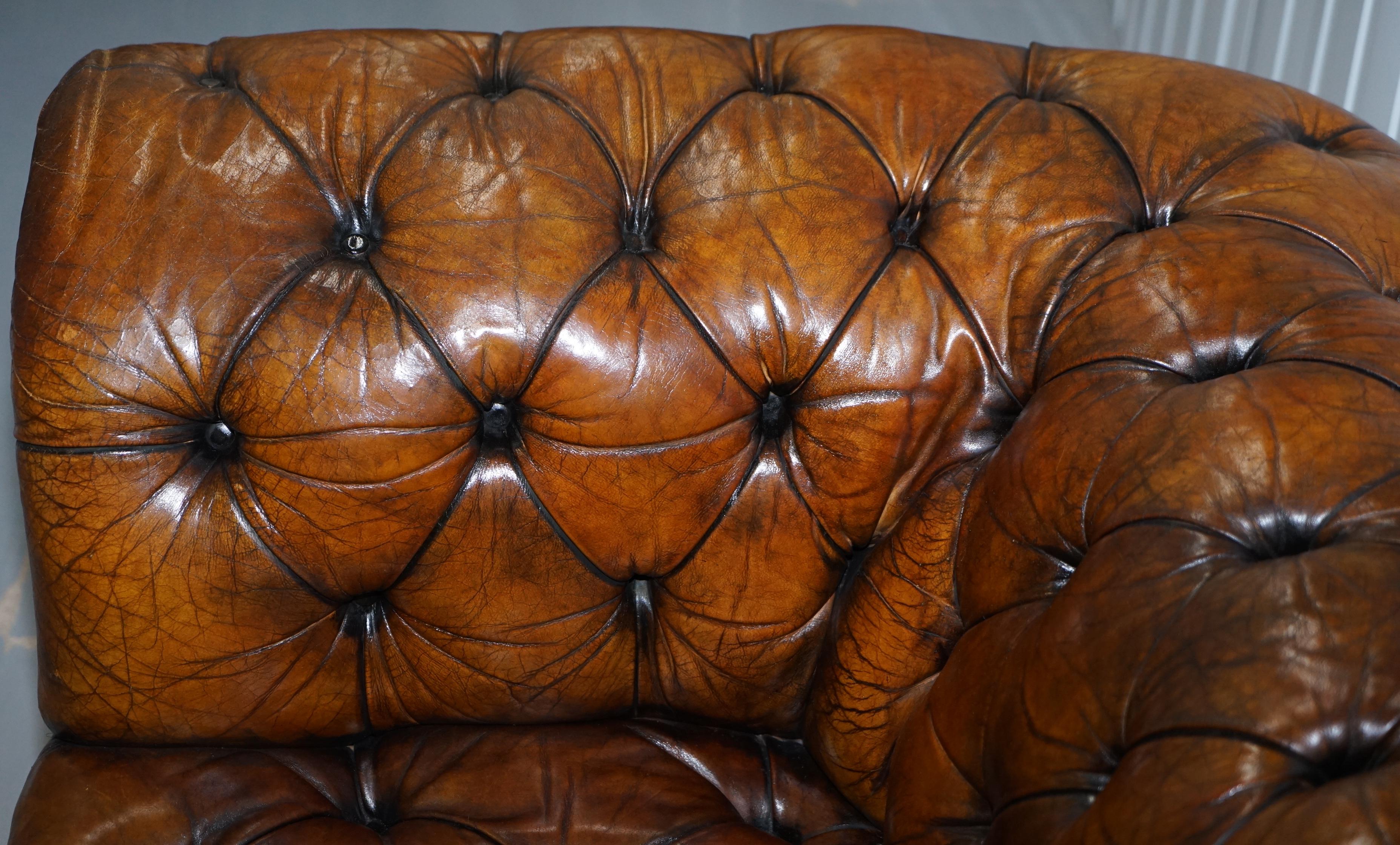 19th Century Very Rare Victorian Horse Hair Fully Restored Brown Leather Chesterfield Sofa