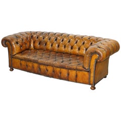 Very Rare Victorian Horse Hair Fully Restored Brown Leather Chesterfield Sofa