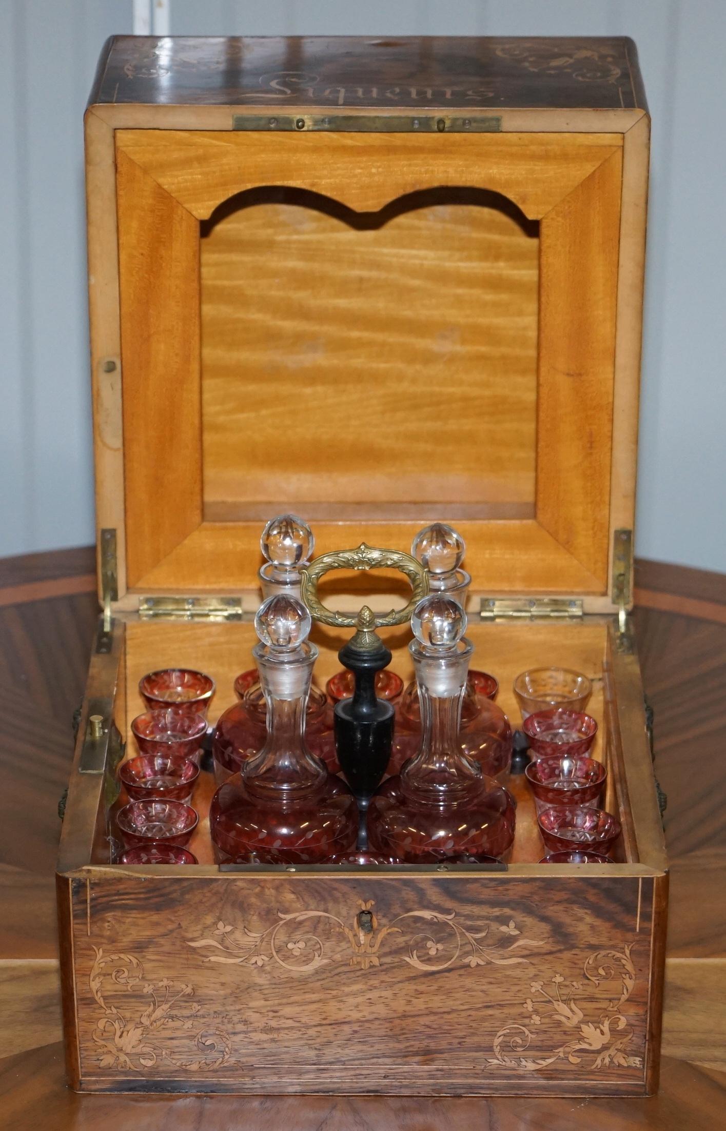 Very Rare Victorian Hardwood Liqueur Box with Cranberry Glass Decanters Glasses For Sale 5