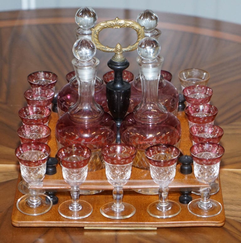 Very Rare Victorian Hardwood Liqueur Box with Cranberry Glass Decanters