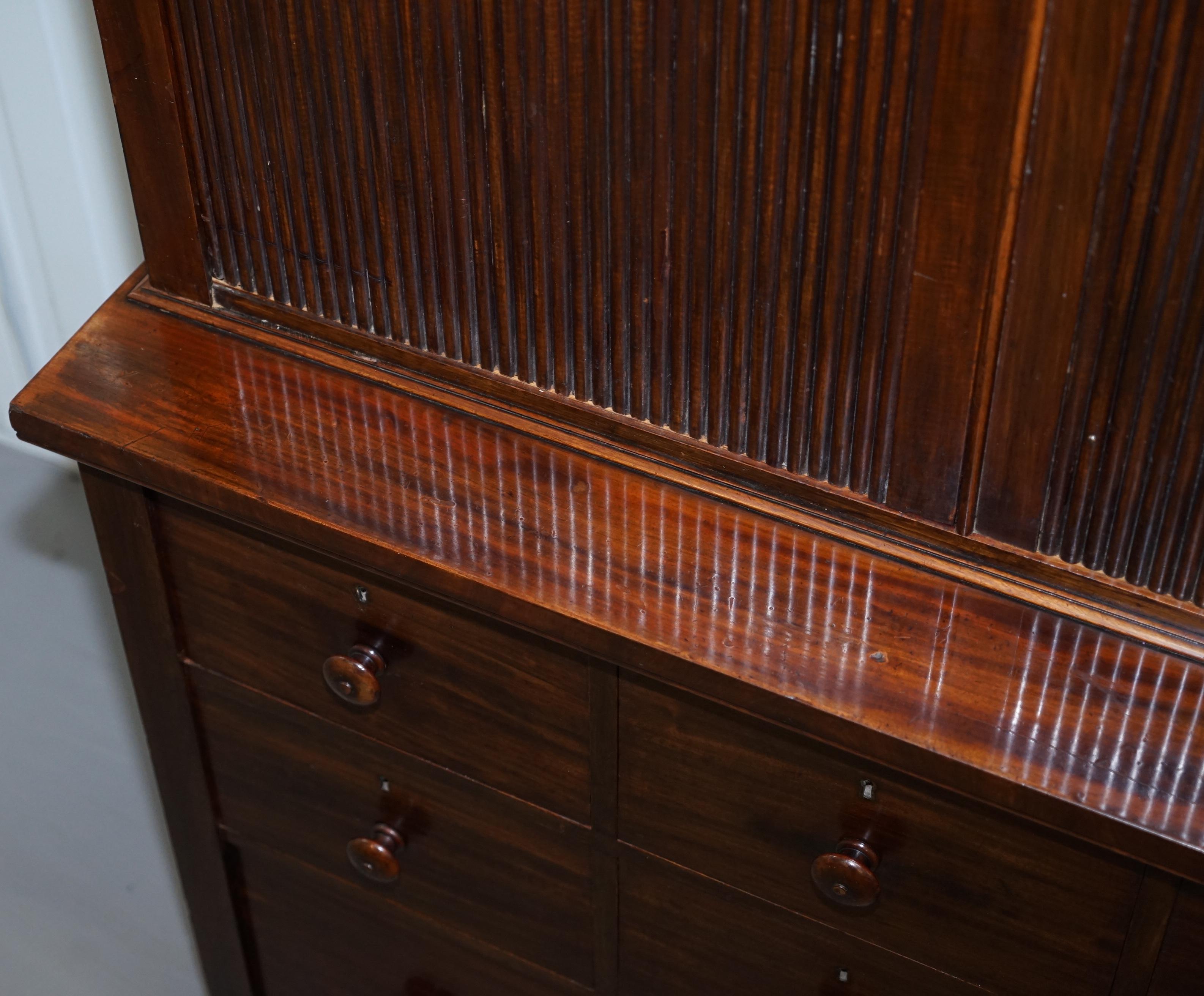 Very Rare Victorian Tambour Door Cupboard Bookcase on Bank Chest of Drawers For Sale 3