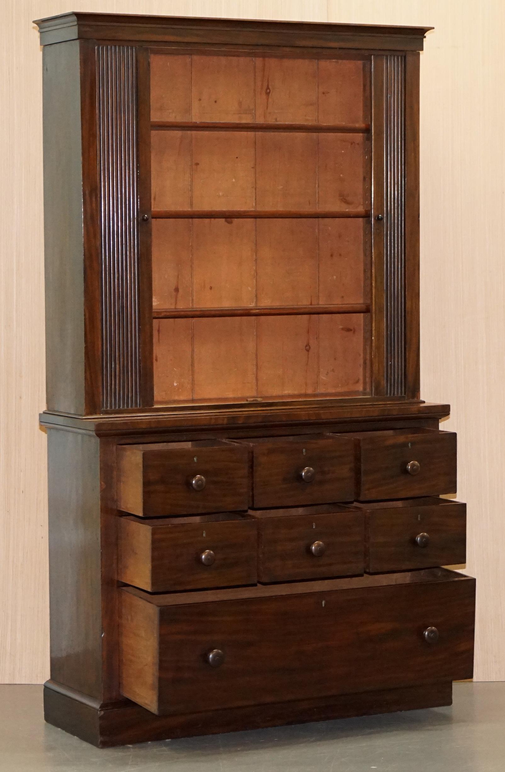Very Rare Victorian Tambour Door Cupboard Bookcase on Bank Chest of Drawers For Sale 8