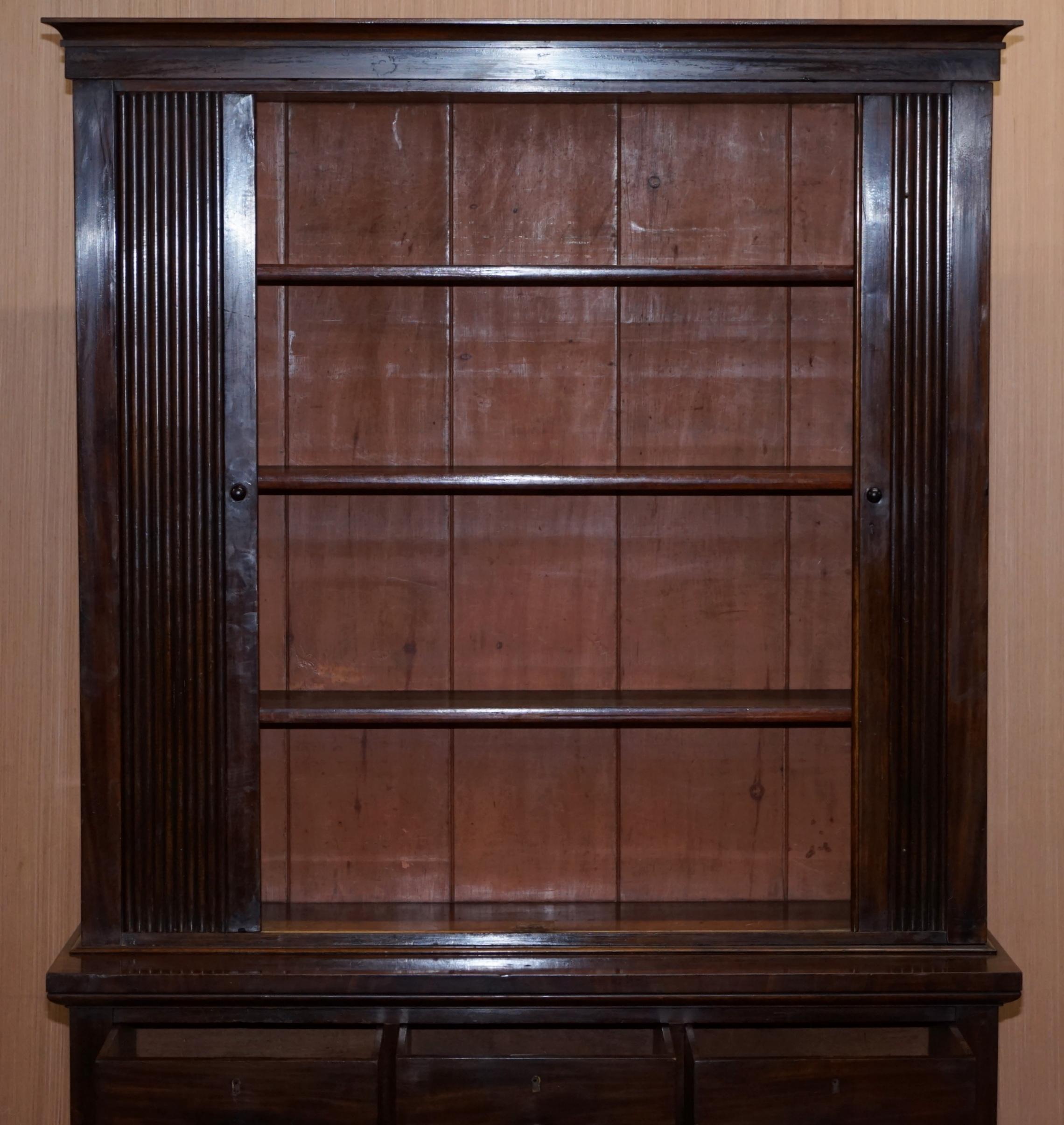 Very Rare Victorian Tambour Door Cupboard Bookcase on Bank Chest of Drawers For Sale 11