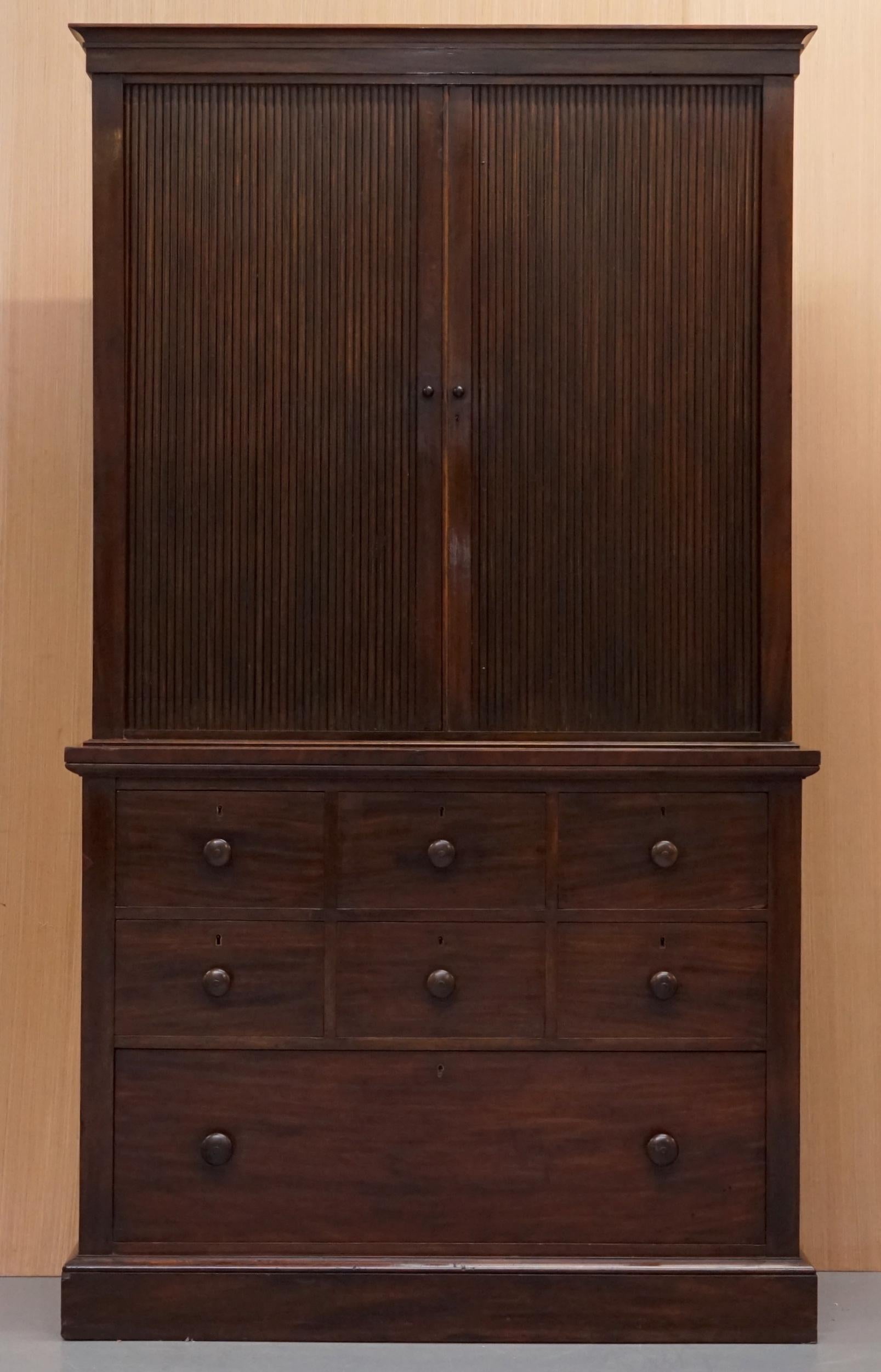 We are delighted to offer for sale this very rare Victorian tambour door cupboard and bank of drawers

I have never seen another cupboard like this, tambour drawers are almost always mounted vertically, it is very rare to see them horizontally.